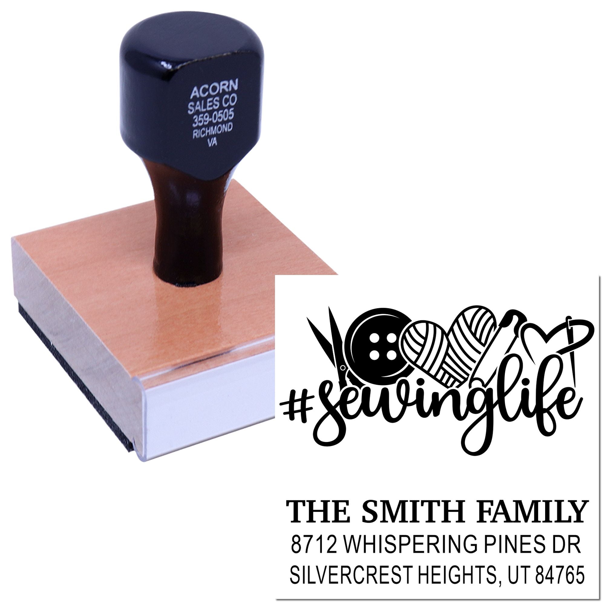 Custom rubber address stamp with #sewinglife design, showing The Smith Family return address and sewing icons on a white background.