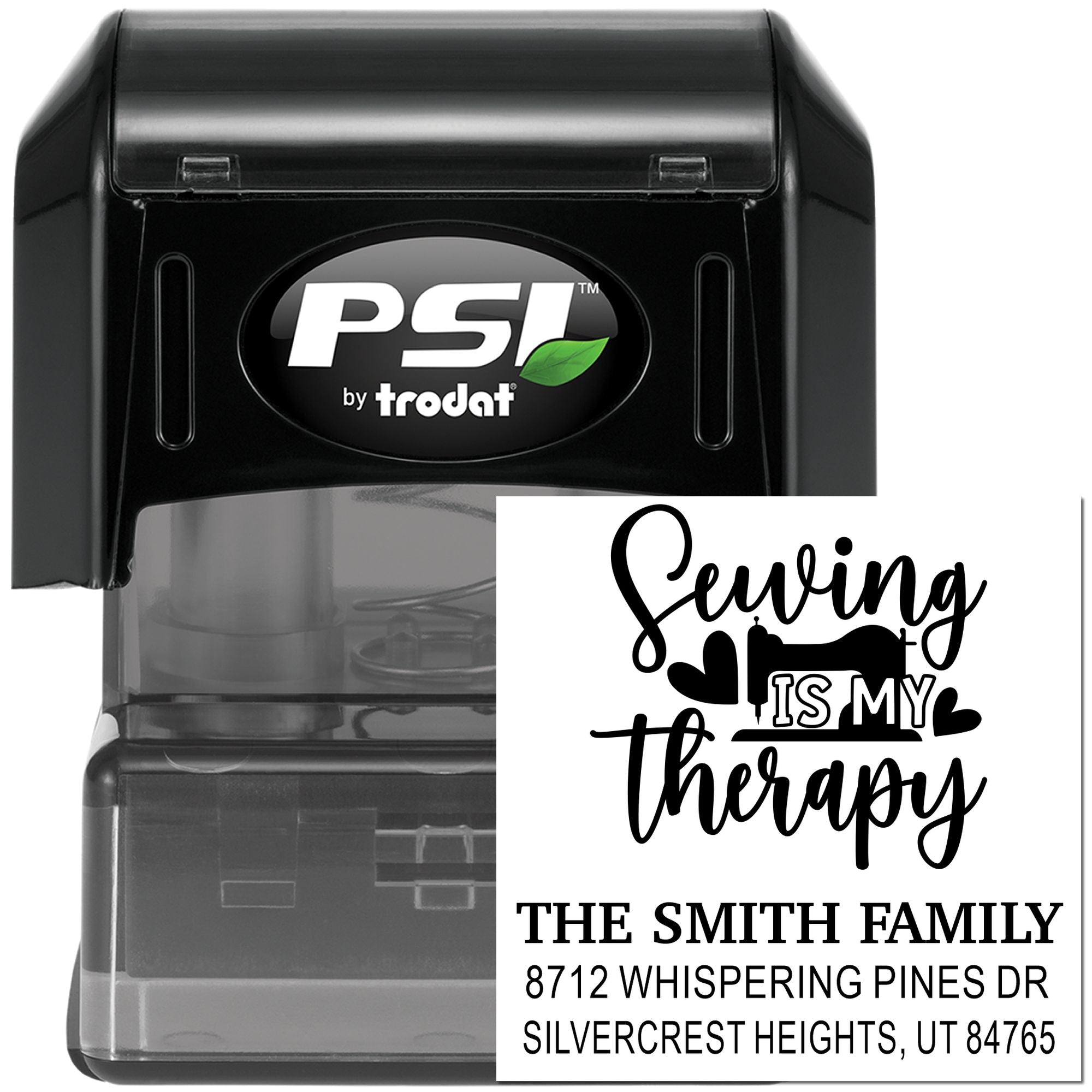 Black PSI by trodat self-inking custom address stamp shown with sample imprint reading Saving is my therapy for The Smith Family.