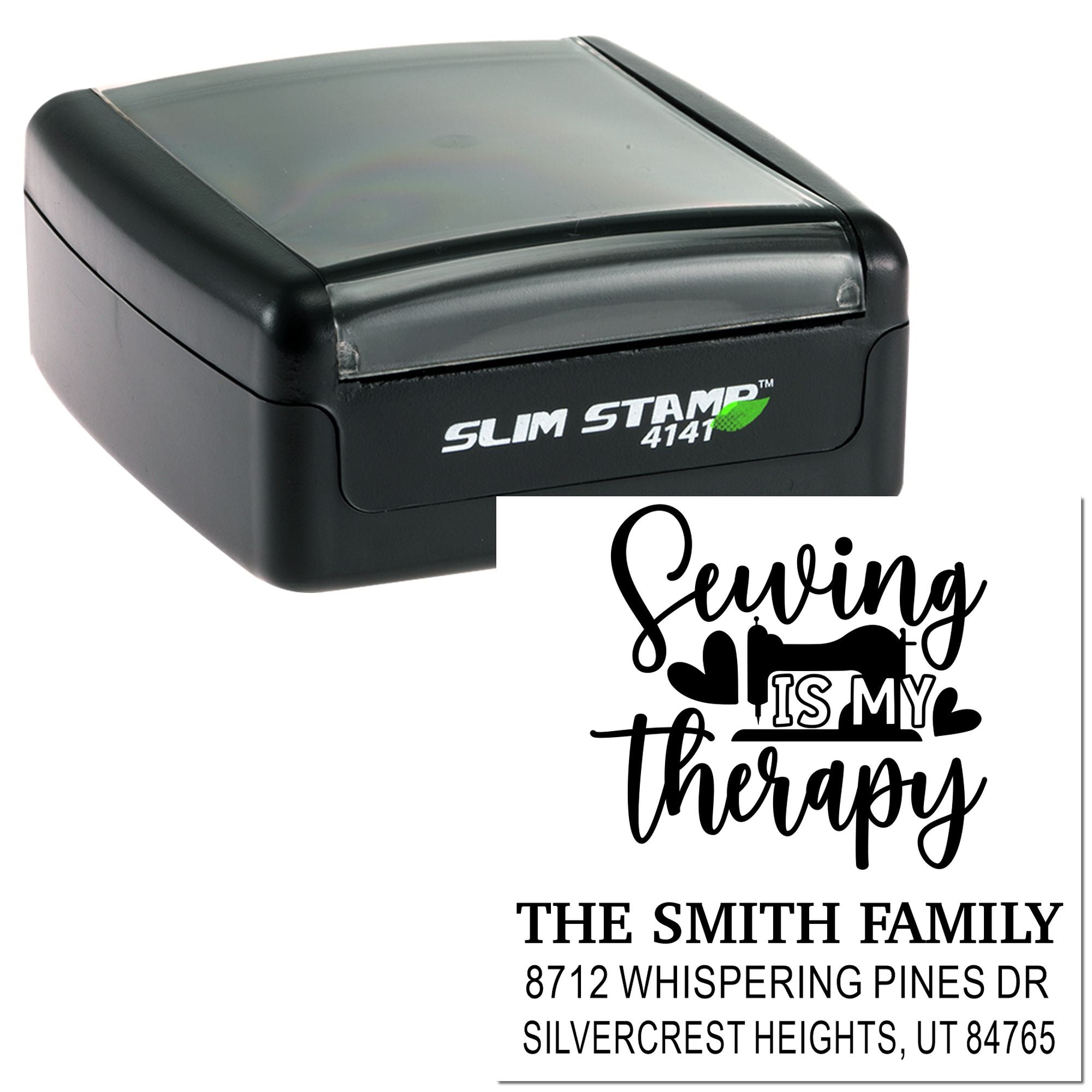 Slim Stamp 4141 self-inking custom address stamp with Sewing is my therapy design and Smith family mailing details on white background.