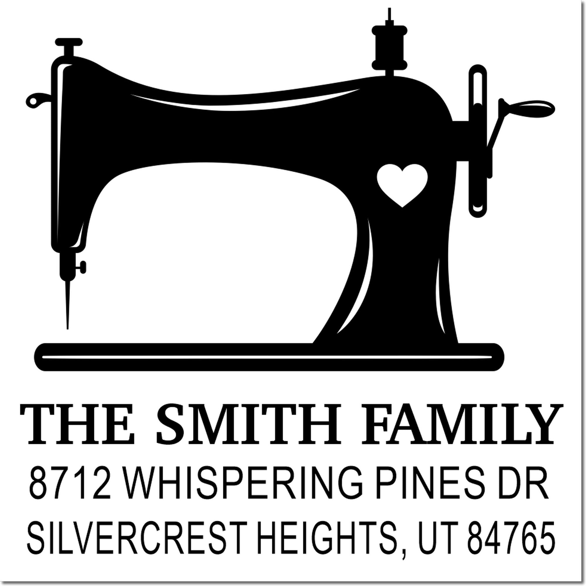 Custom sewing machine stamp with heart icon, The Smith Family name, and Utah address for personalized return mail.