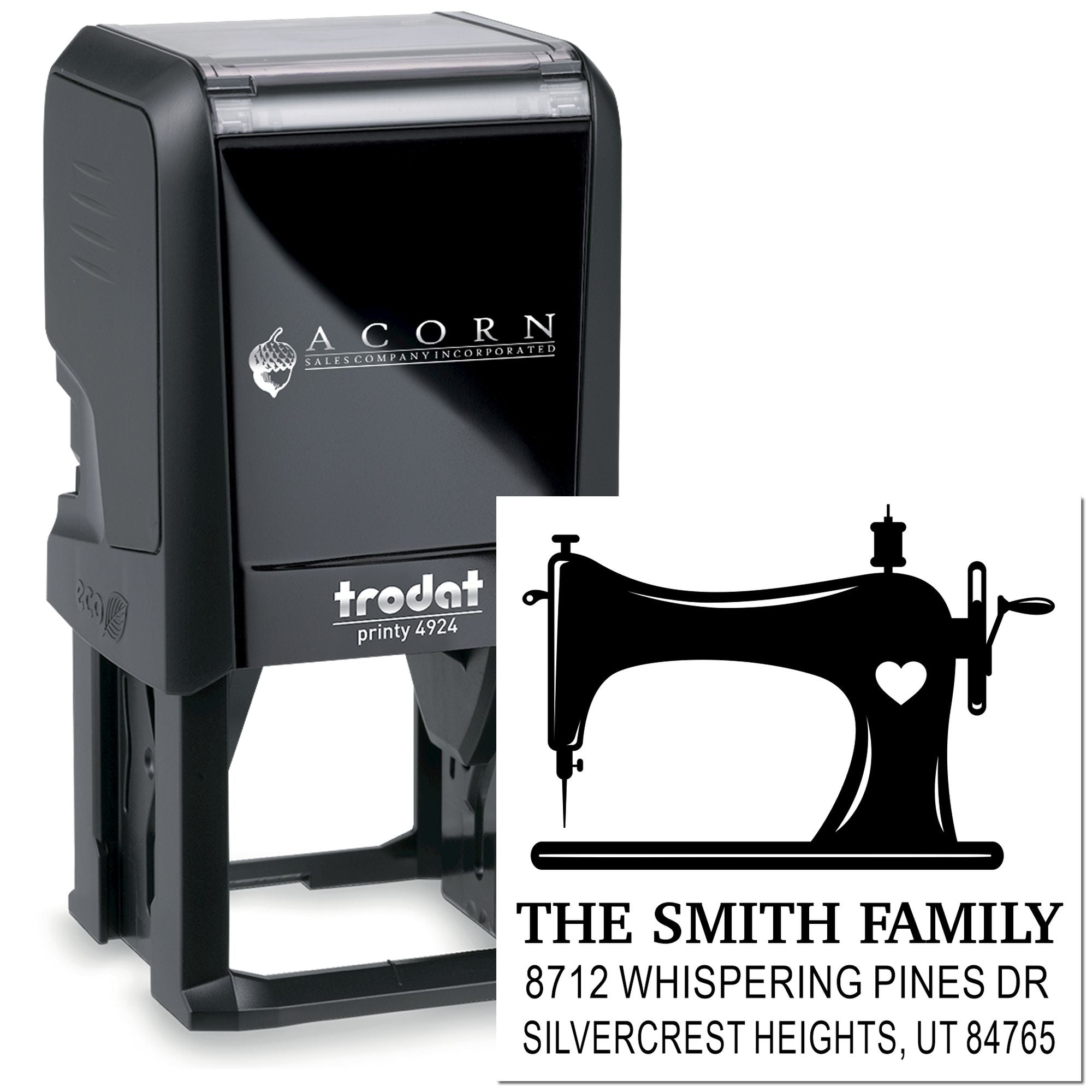 Custom Trodat Printy 4924 self-inking stamp with sewing machine design and personalized The Smith Family address imprint on white background.