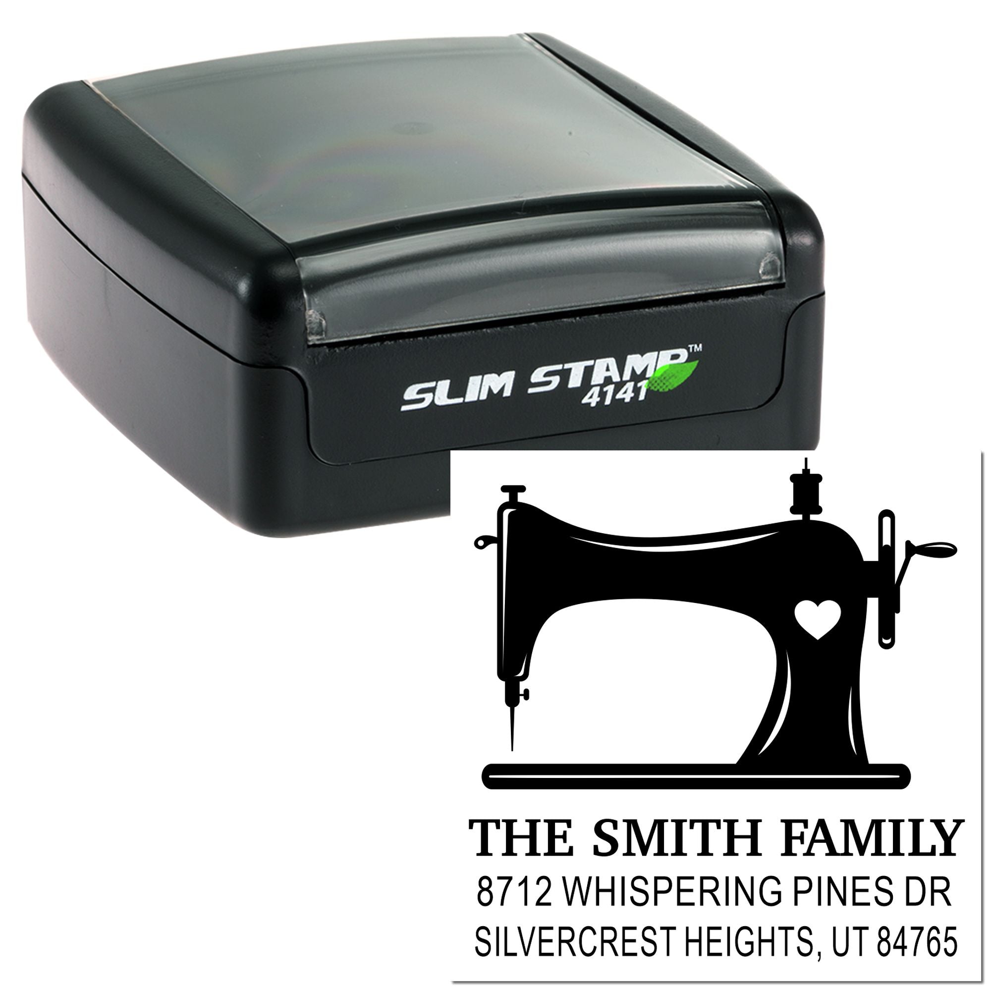 Custom self-inking return address stamp with sewing machine design, showing The Smith Family name and address on a white background.