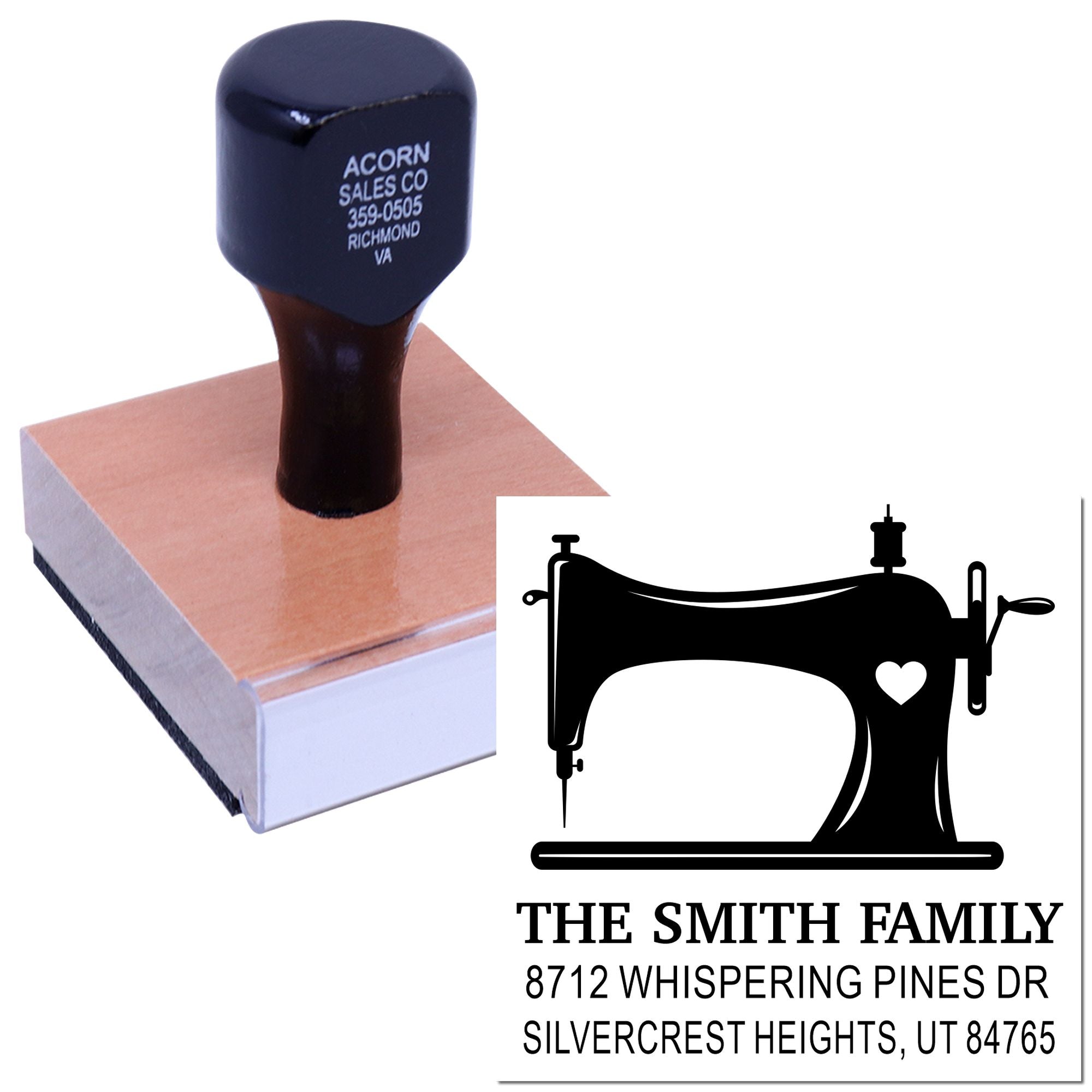 Custom self-inking sewing machine address stamp with The Smith Family return address and heart design on white background.