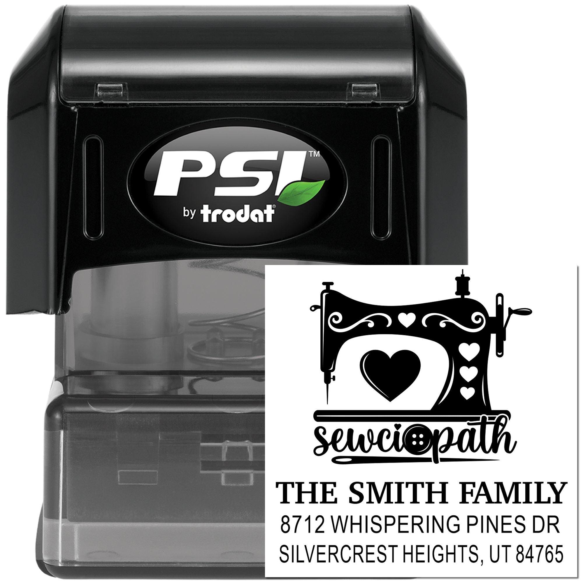 Black PSI by Trodat self-inking custom address stamp with sewing machine and heart design, showing The Smith Family address.