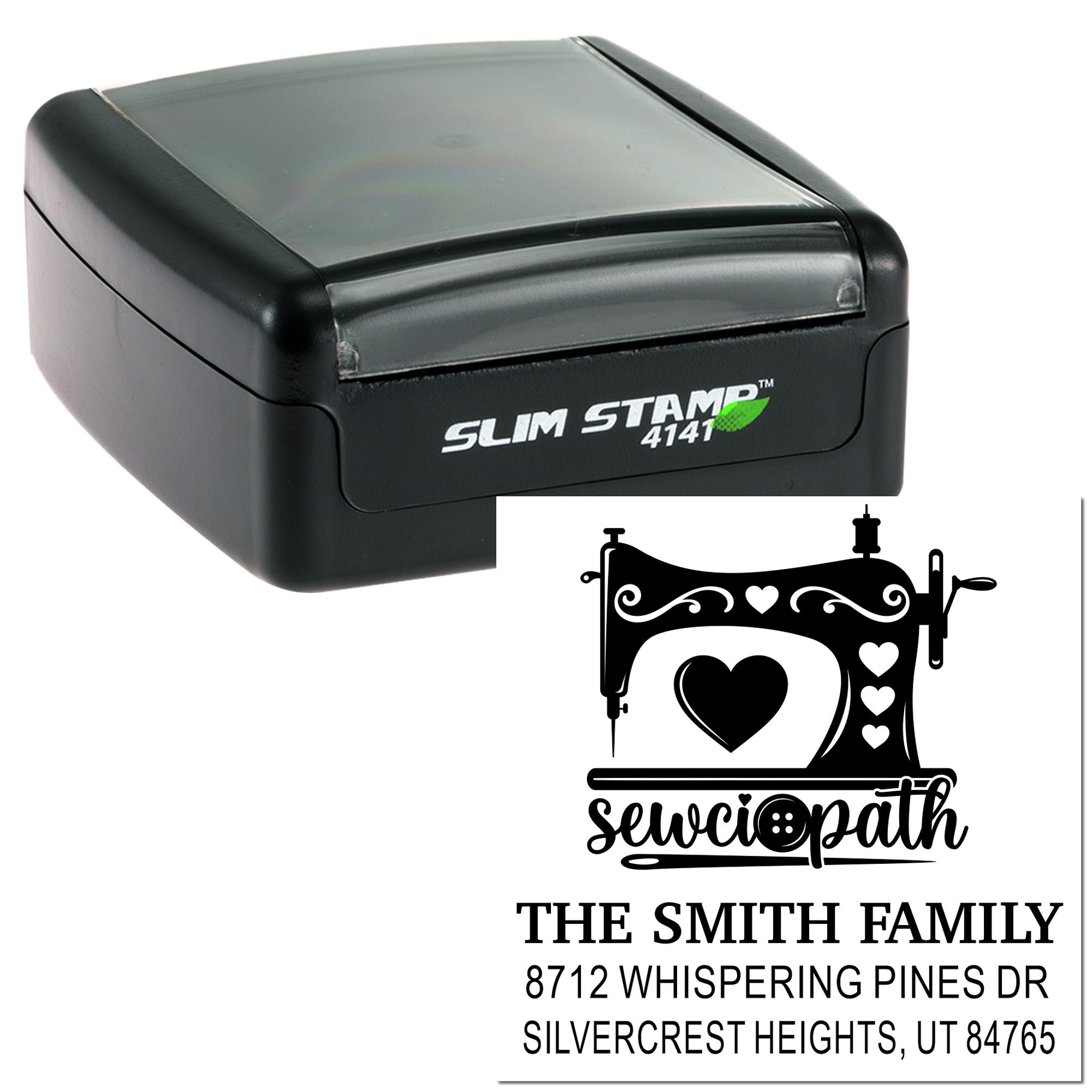 Personalized Slim Stamp 4141 with sewing machine design, The Smith Family name and address on a white background.