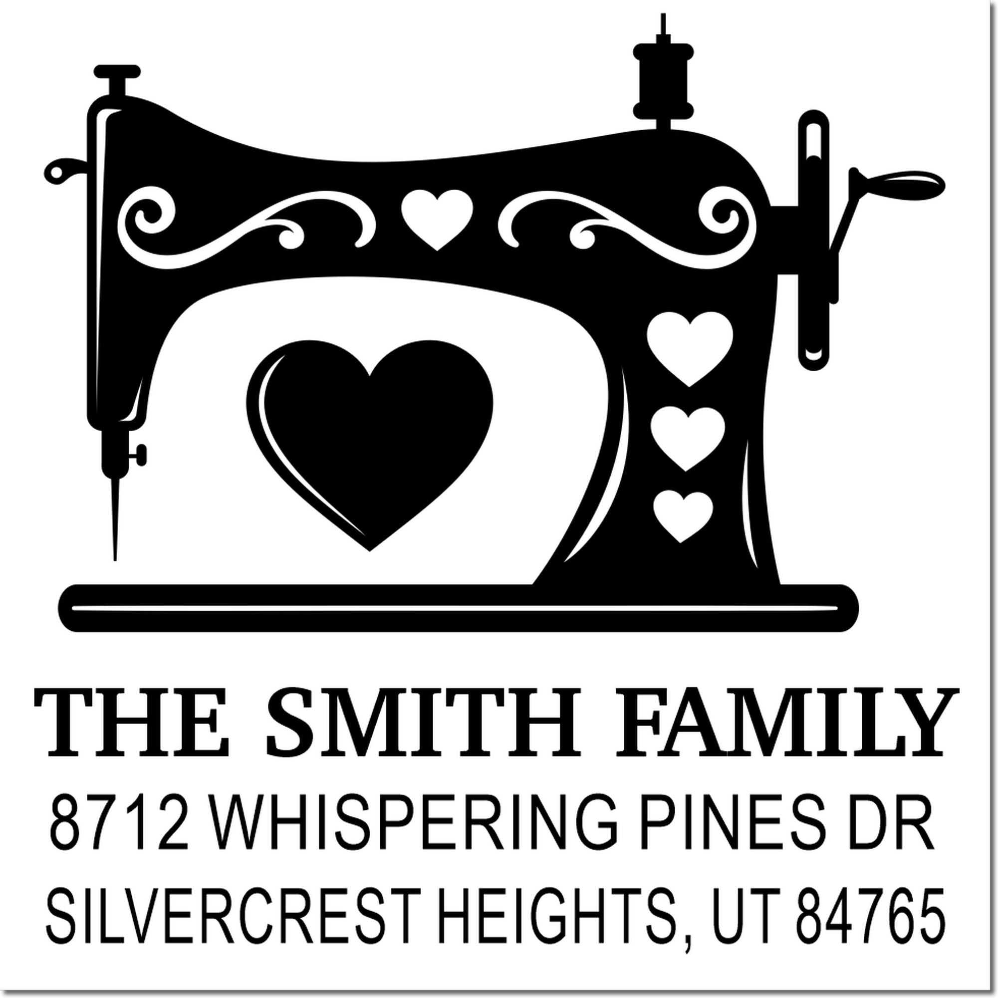 Personalized sewing machine stamp with heart accents, showing The Smith Family and address on a white background for custom return address labeling.