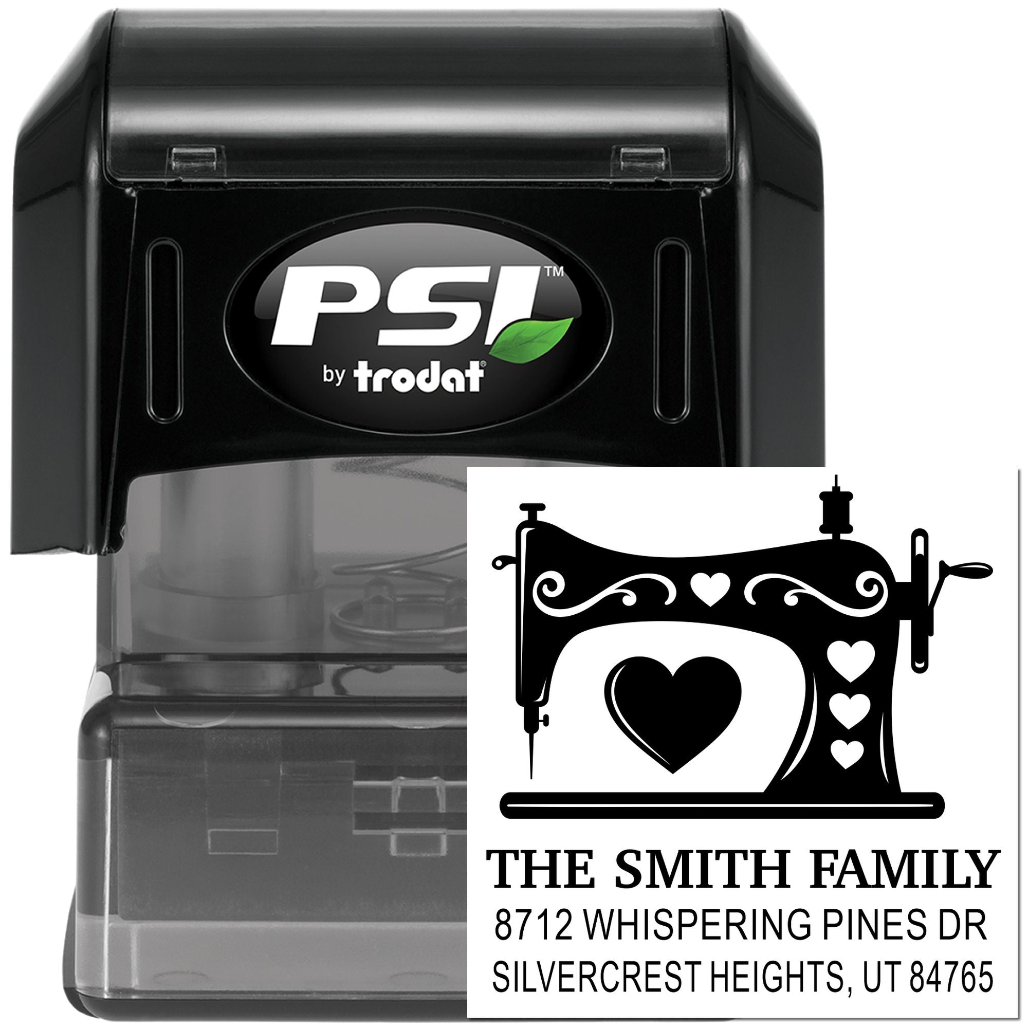 Personalized self-inking family address stamp by PSI Trodat with sewing machine and heart design, The Smith Family, Silvercrest Heights, UT.