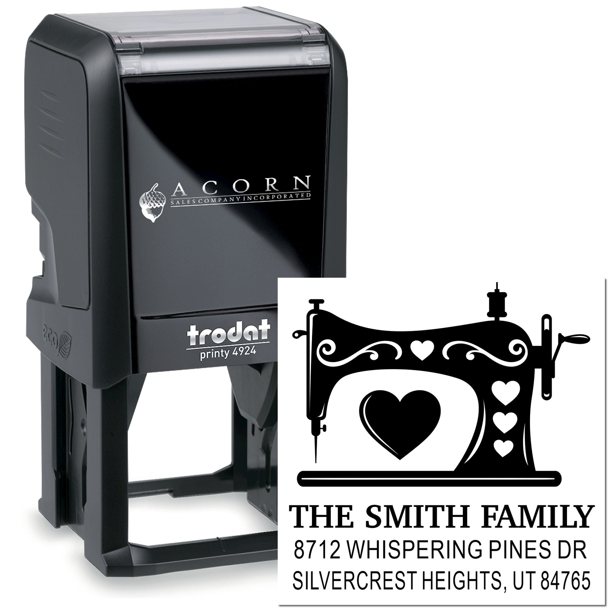 Custom self-inking address stamp with sewing machine and heart design, featuring The Smith Family and Utah mailing address on white background.
