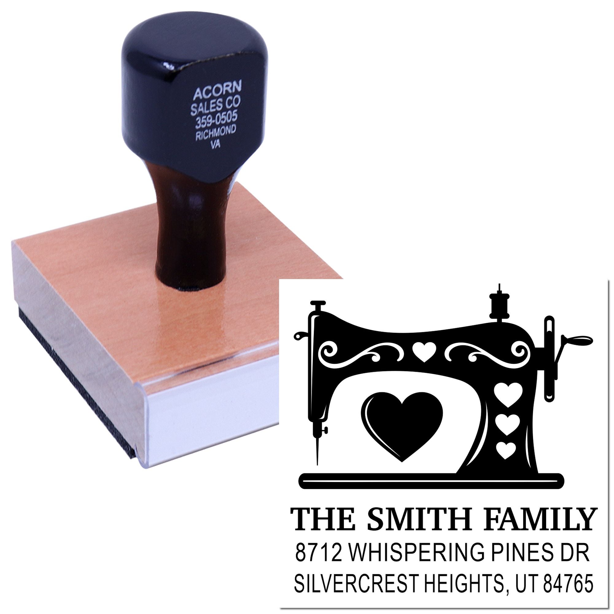 Personalized sewing machine heart address stamp on a wooden block, featuring The Smith Family and return address for custom mailing use.