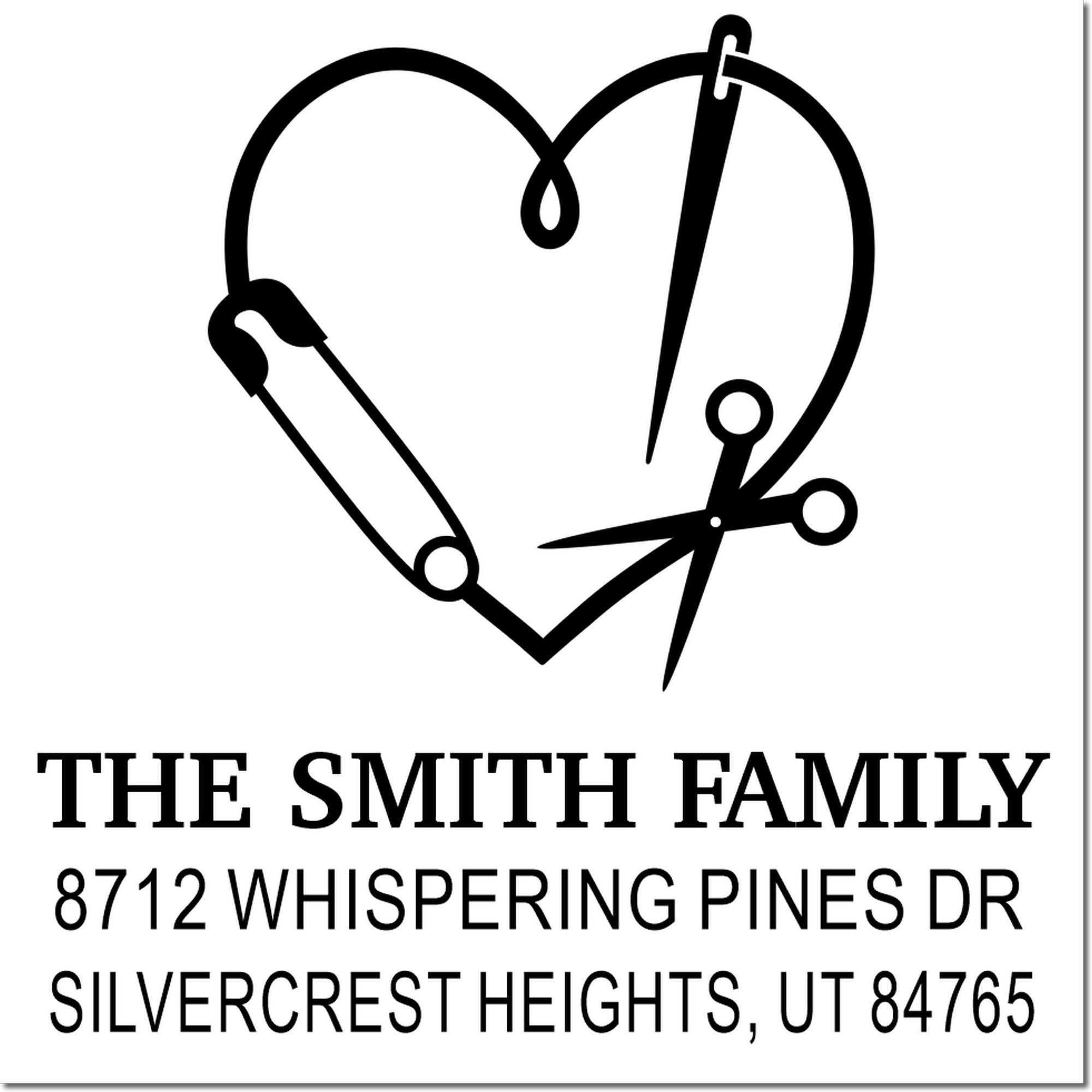 Custom return address stamp with heart-shaped sewing tools, reading THE SMITH FAMILY and Silvercrest Heights, UT 84765.