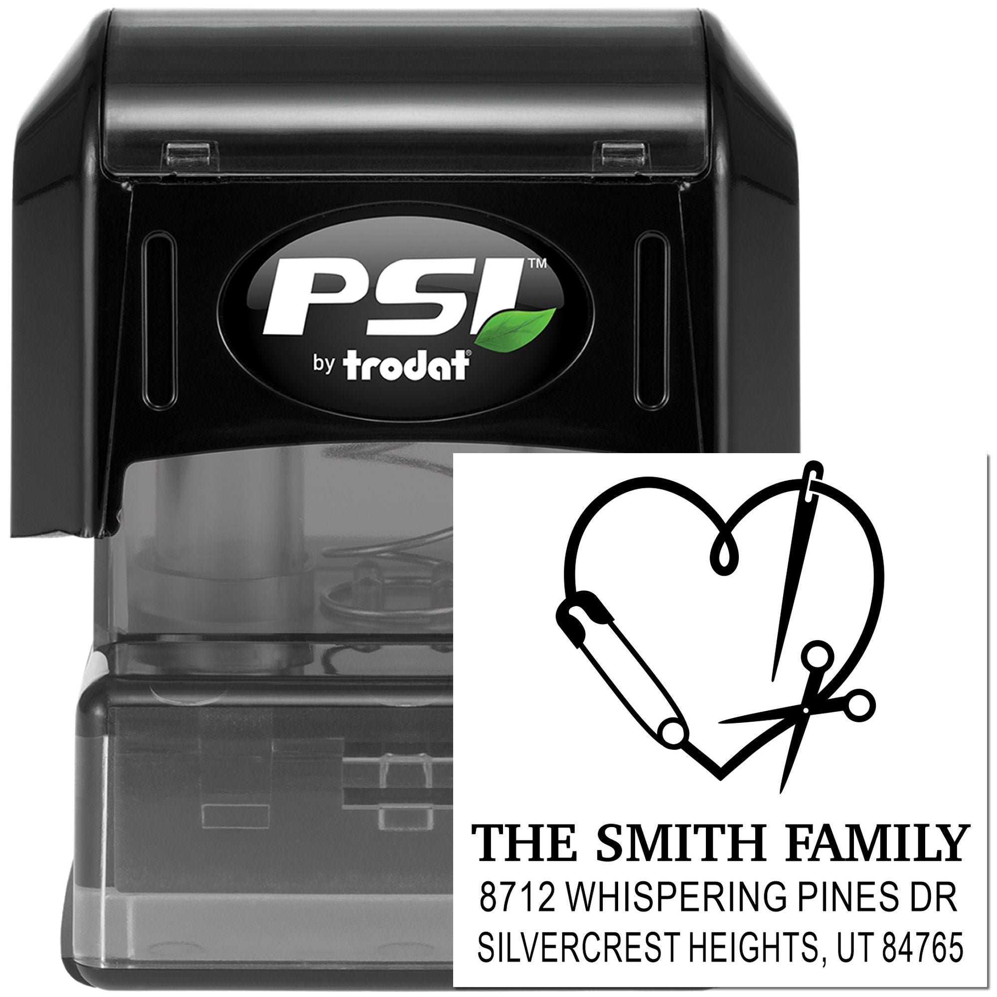 PSI by Trodat self-inking address stamp with custom heart-and-sewing design for The Smith Family, 8712 Whispering Pines Dr, Silvercrest Heights, UT 84765