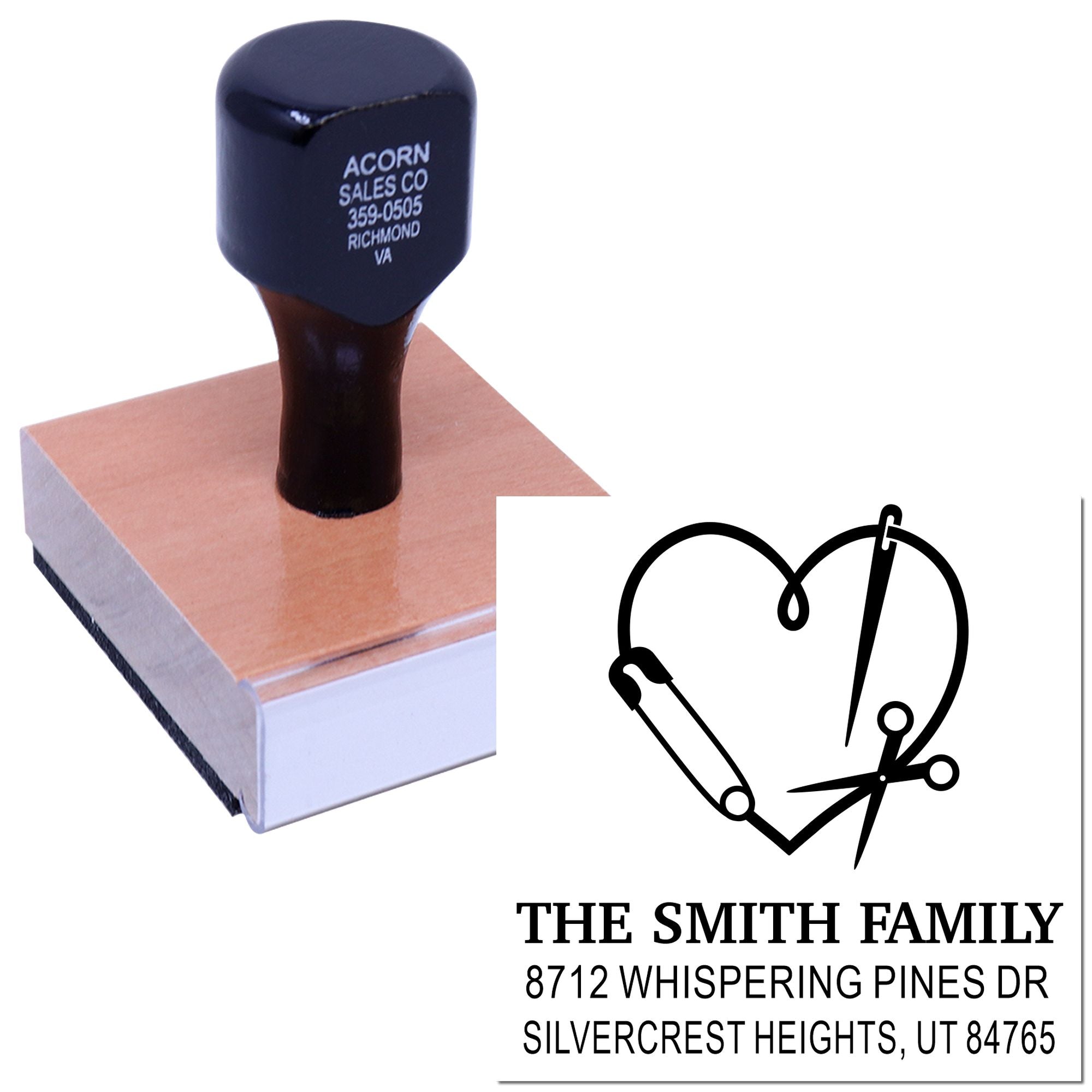 Custom address stamp with heart made of sewing tools, showing The Smith Family return address on a wooden rubber stamp