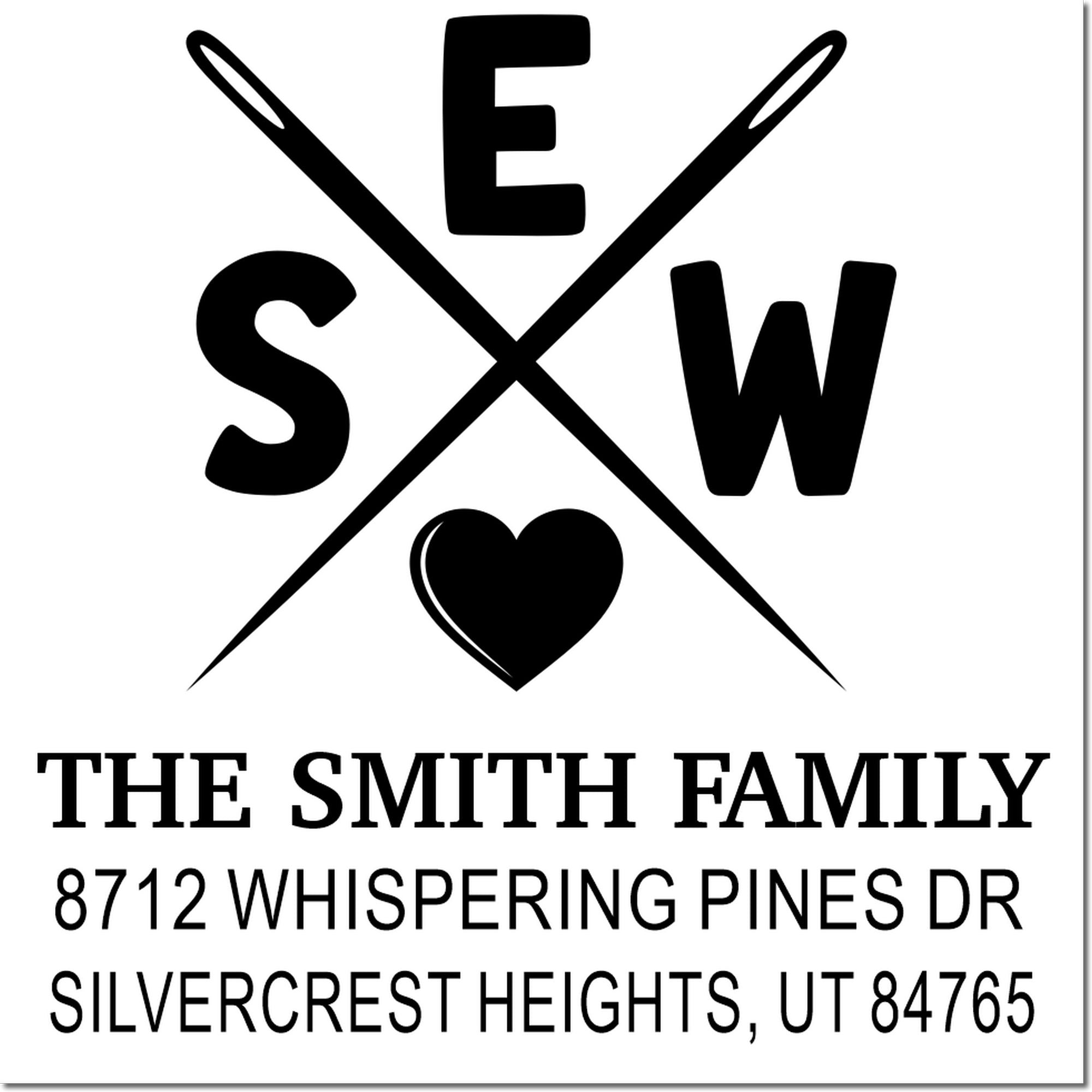 Custom family return address stamp with S E W initials and heart, reading The Smith Family, 8712 Whispering Pines Dr, Silvercrest Heights, UT 84765.