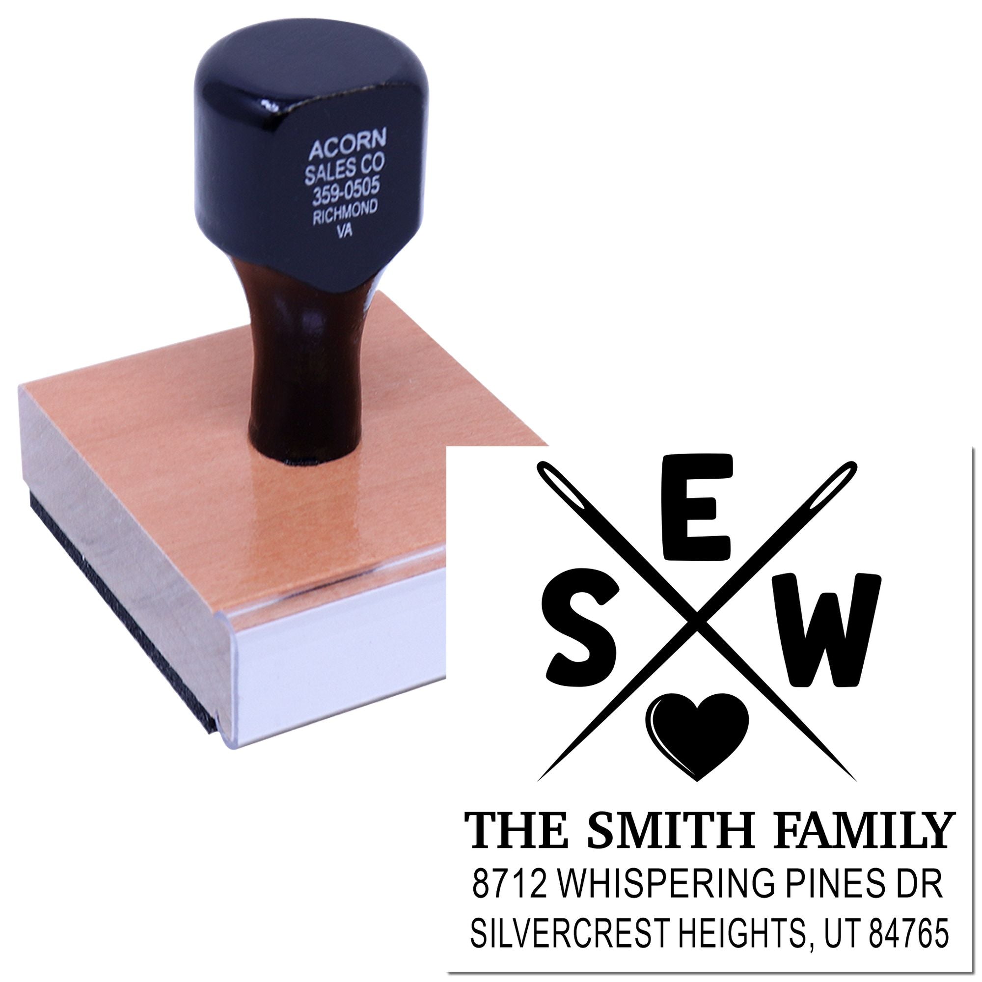 Custom self-inking address stamp with Smith family monogram and heart design, displayed on a wooden mount with a stamped impression on white background.