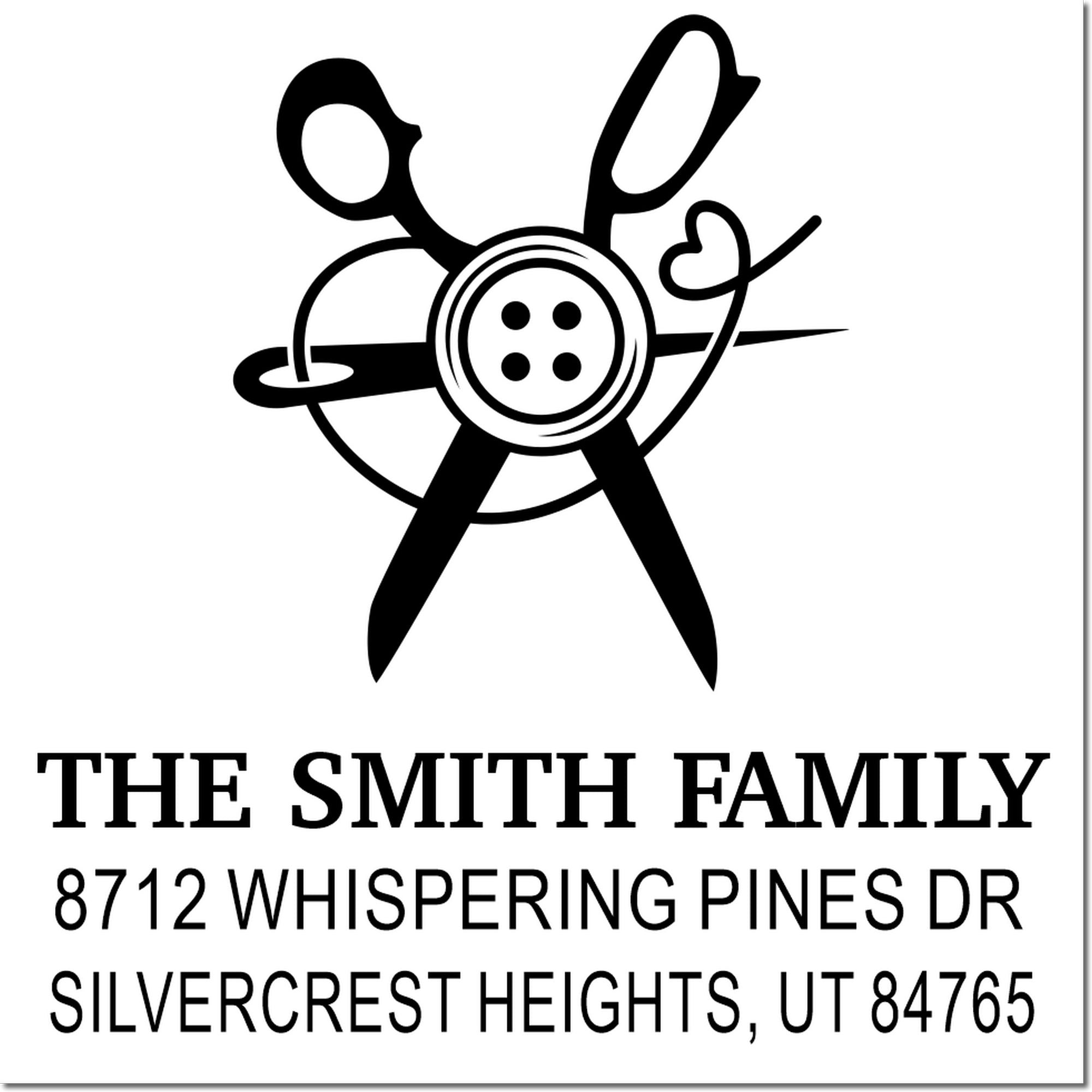 Custom family return address stamp with sewing scissors and button logo, reading The Smith Family, 8712 Whispering Pines Dr, Silvercrest Heights, UT.