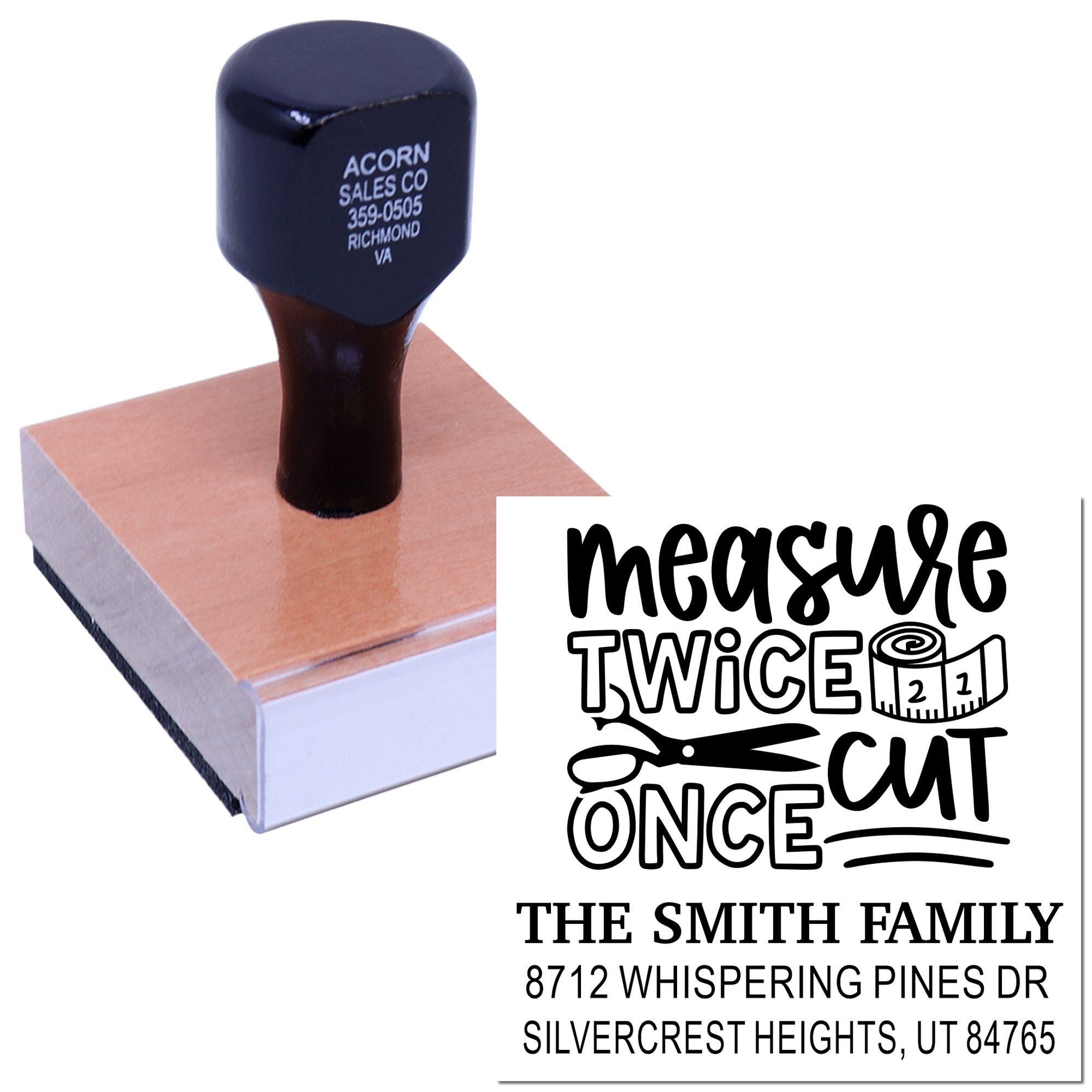 Custom rubber stamp on ink pad showing Measure Twice, Cut Once woodworking design and Smith family address, ideal for craft and mailing use.