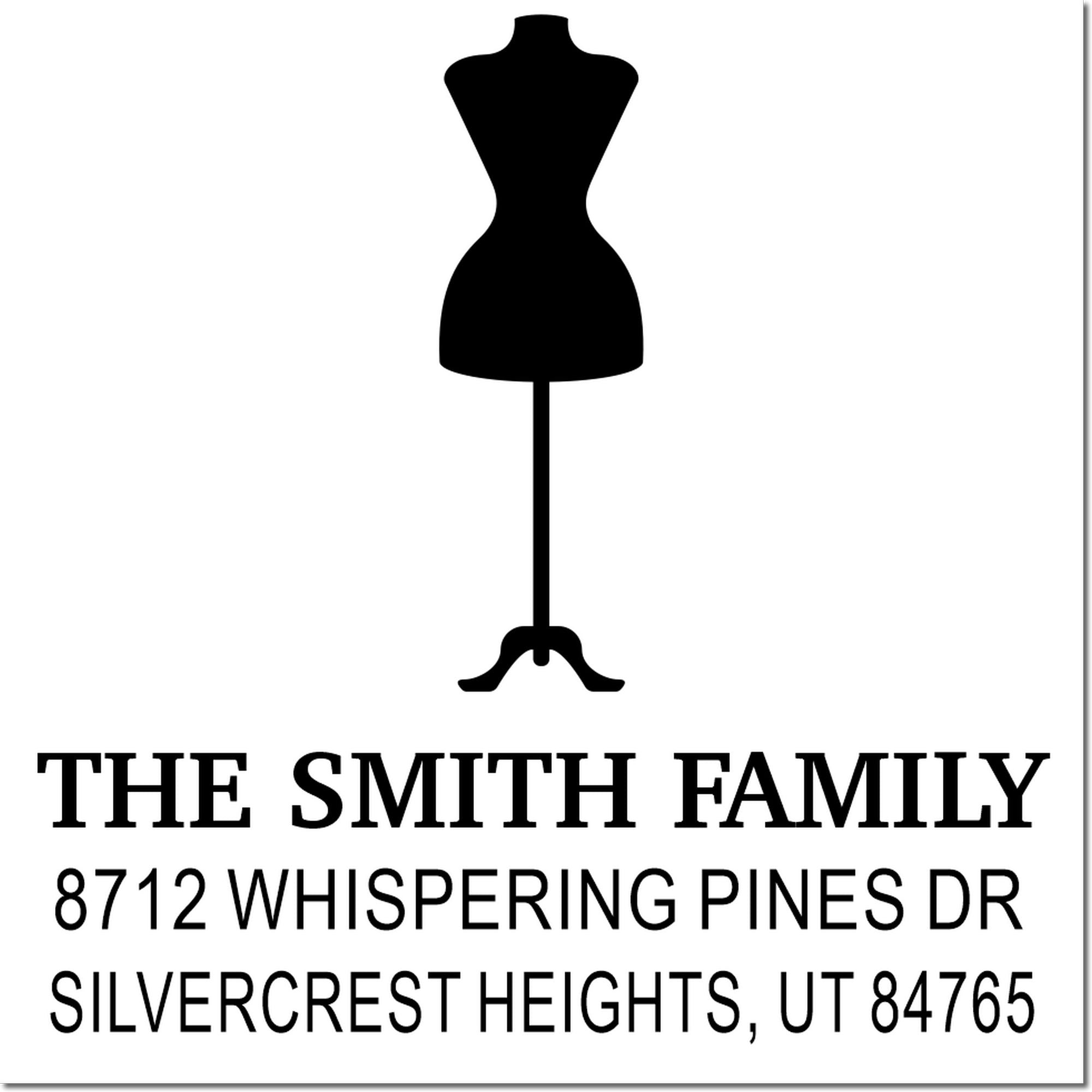 Custom return address stamp with dress-form silhouette logo and The Smith Family, 8712 Whispering Pines Dr, Silvercrest Heights, UT 84765.