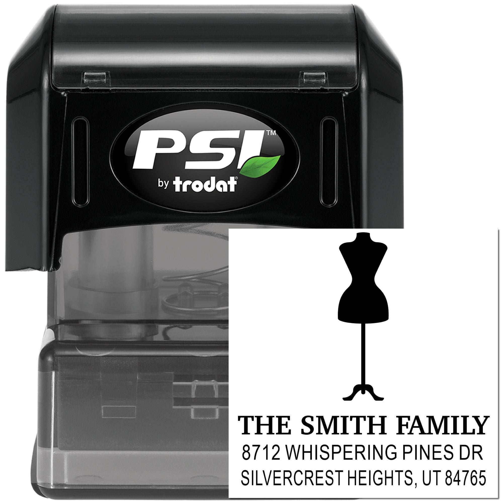Custom PSI by Trodat self-inking address stamp with The Smith Family return address and dress form logo on a white background.