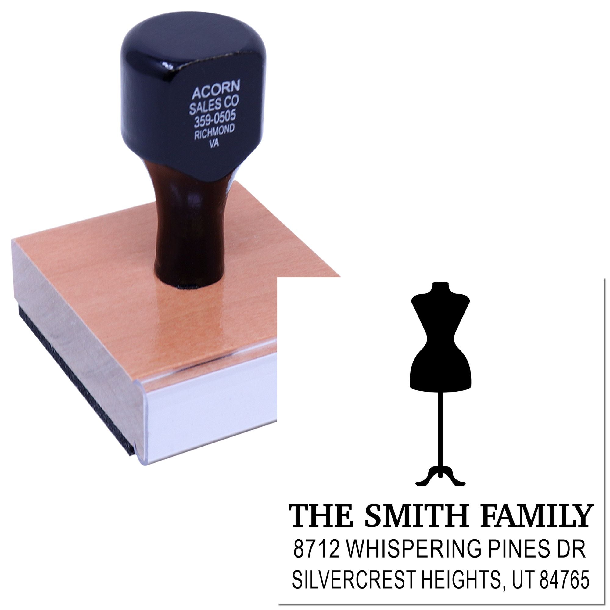 Custom family address stamp with dress form silhouette, showing The Smith Family and Silvercrest Heights, UT on a white product background.