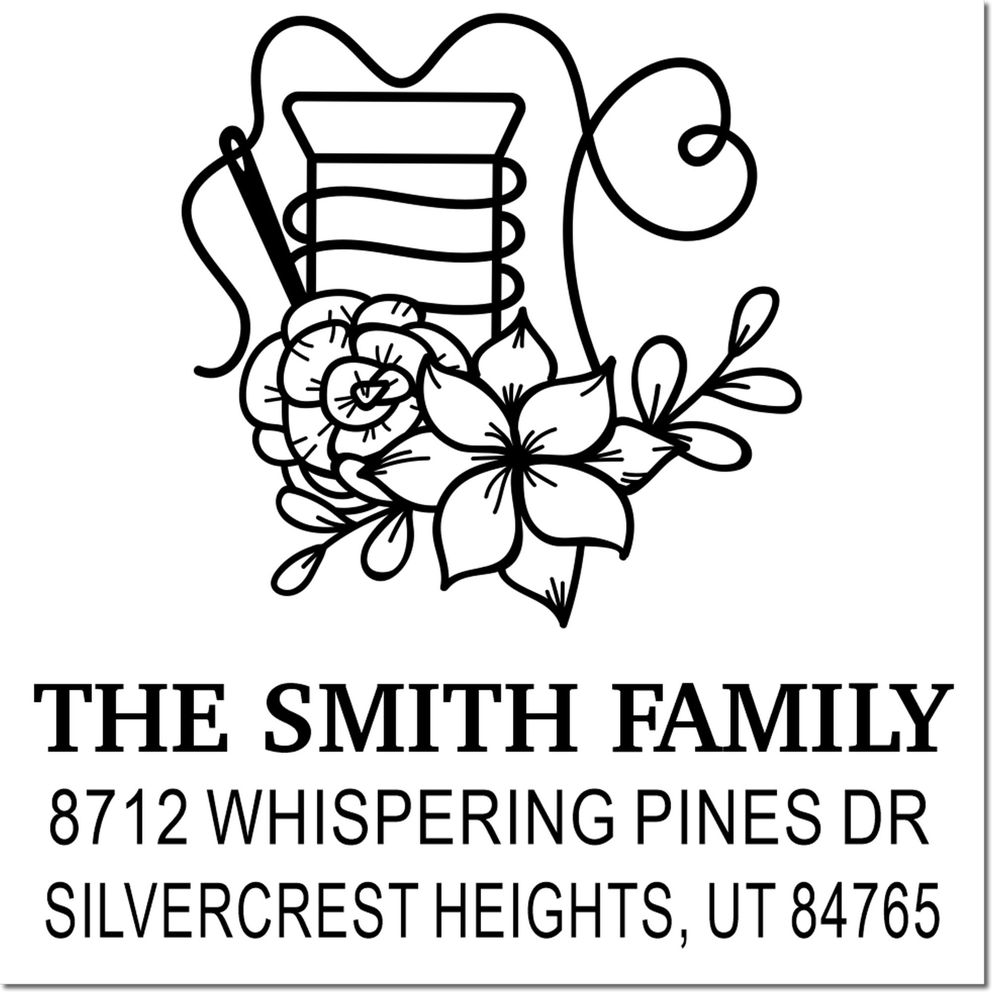 Custom family address stamp with floral monogram, heart outline, and The Smith Family address for Silvercrest Heights, UT.