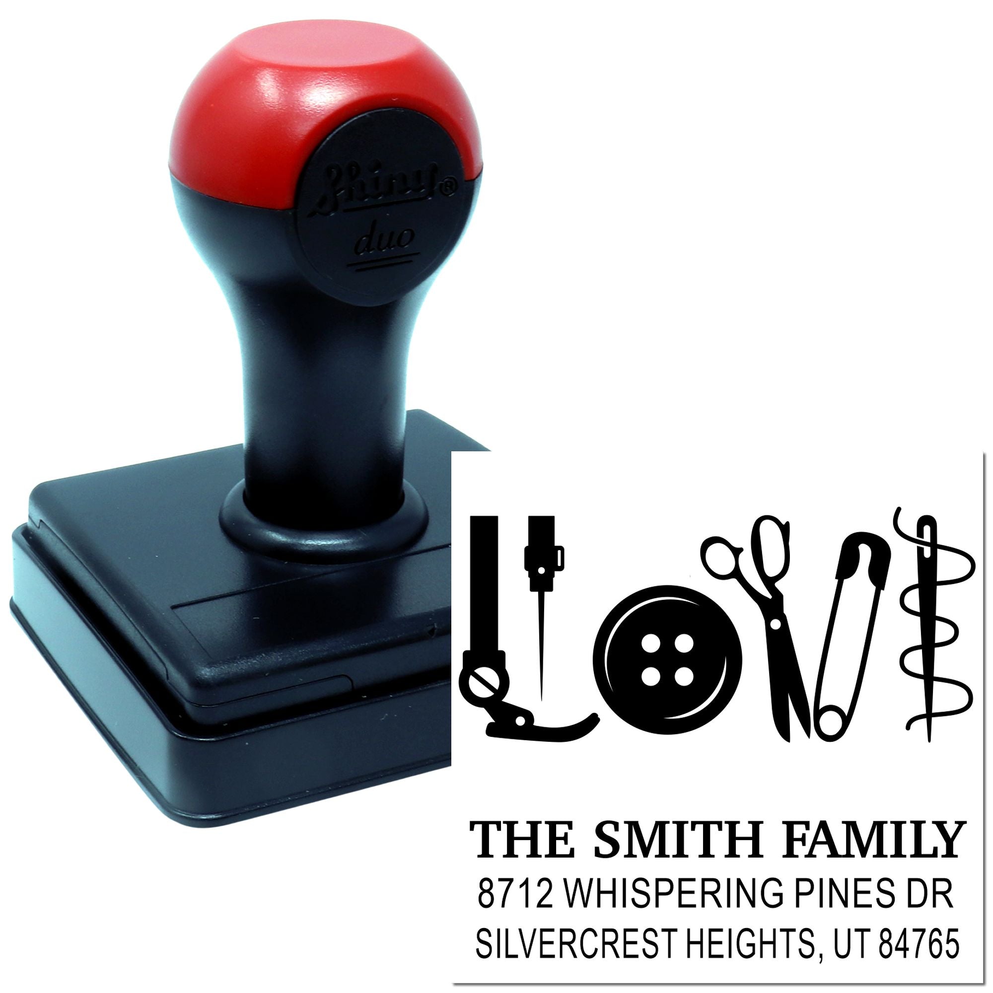 Custom self-inking stamp with red-and-black handle beside a sample impression reading The Smith Family address and sewing-themed icons.
