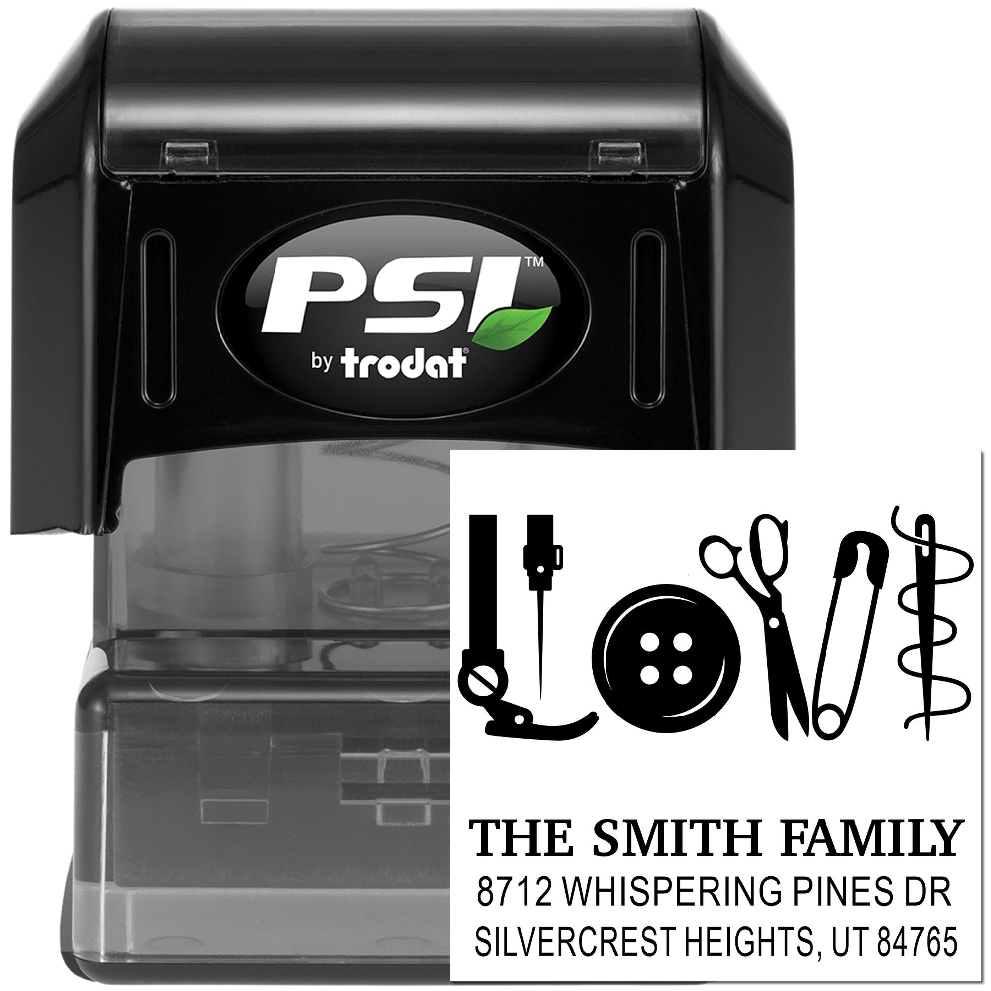 PSI by Trodat self-inking custom address stamp with sewing-themed icons, family name, and Silvercrest Heights, UT address on white background