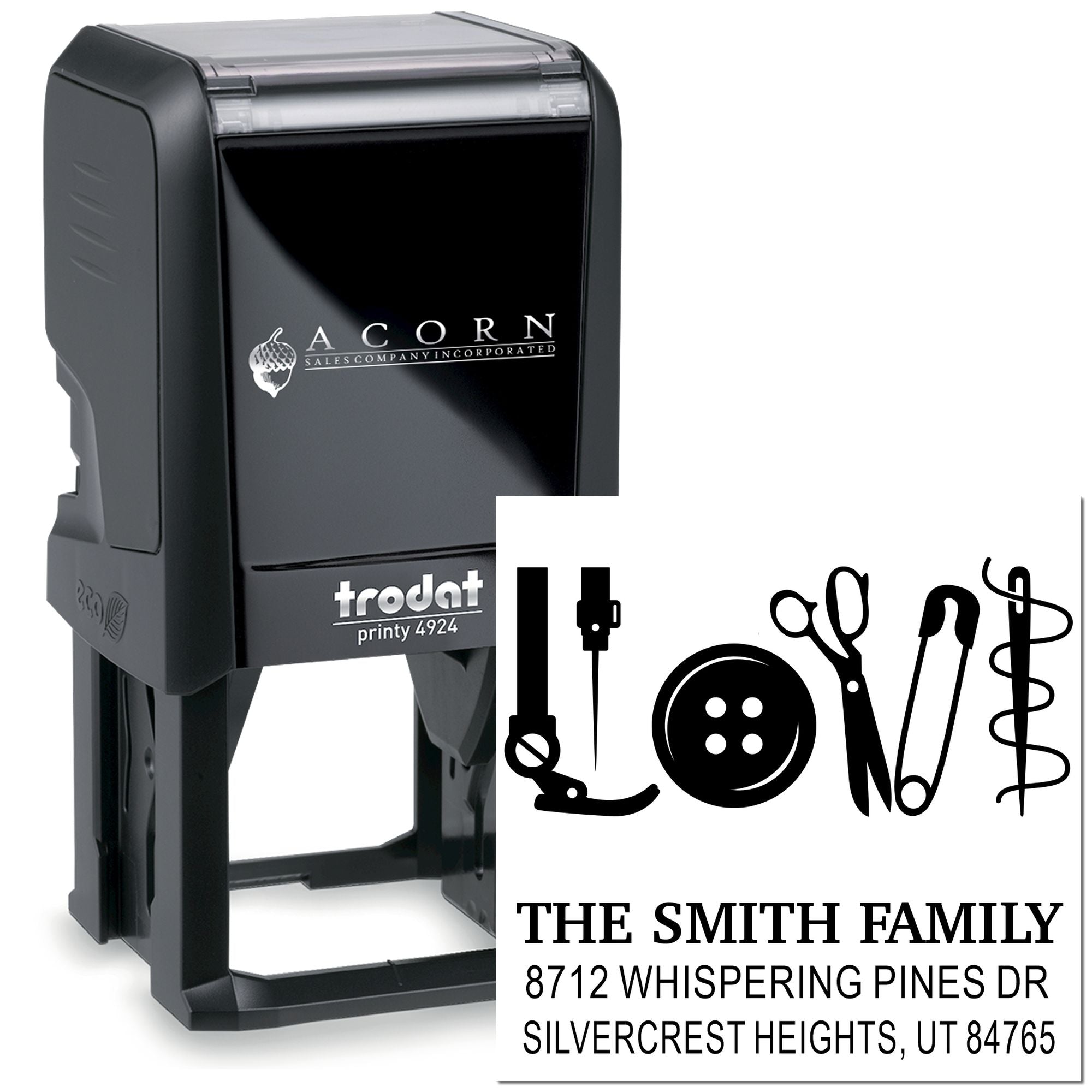 Custom self-inking Trodat family address stamp with sewing-themed icons and The Smith Family text, shown beside a sample impression.