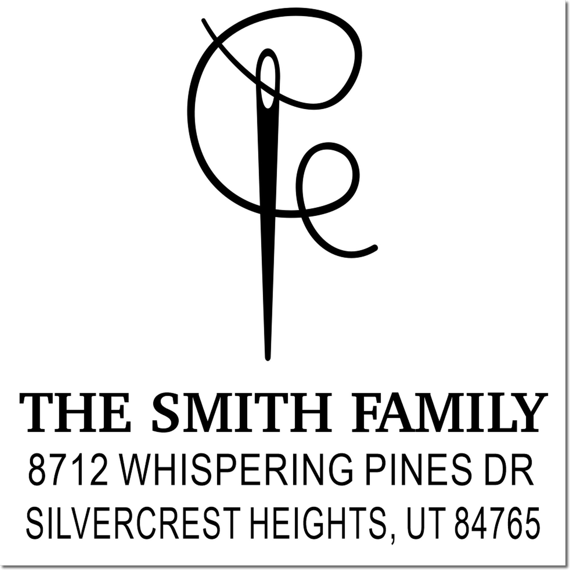 Custom return address stamp with monogram logo, The Smith Family, 8712 Whispering Pines Dr, Silvercrest Heights, UT 84765.