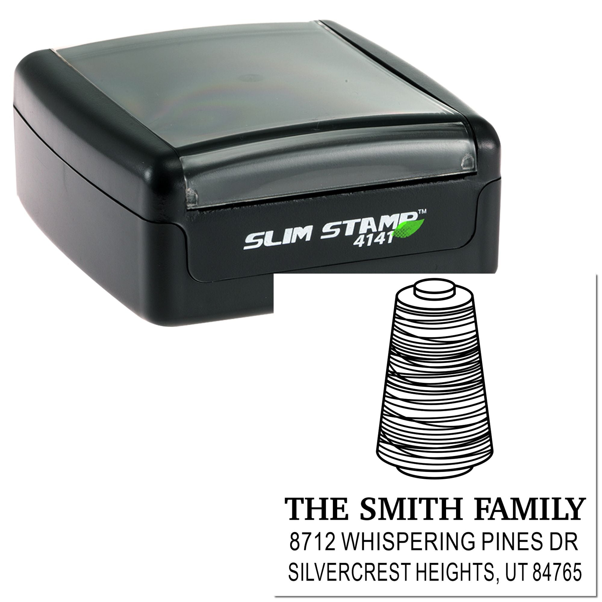 Slim Stamp self-inking address stamp shown with custom family name and return address imprint on a white background.