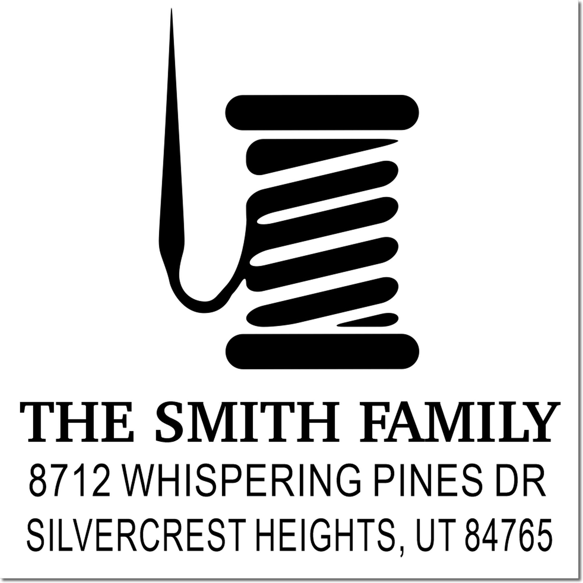 Custom family address stamp with logo, reading The Smith Family, 8712 Whispering Pines Dr, Silvercrest Heights, UT 84765.