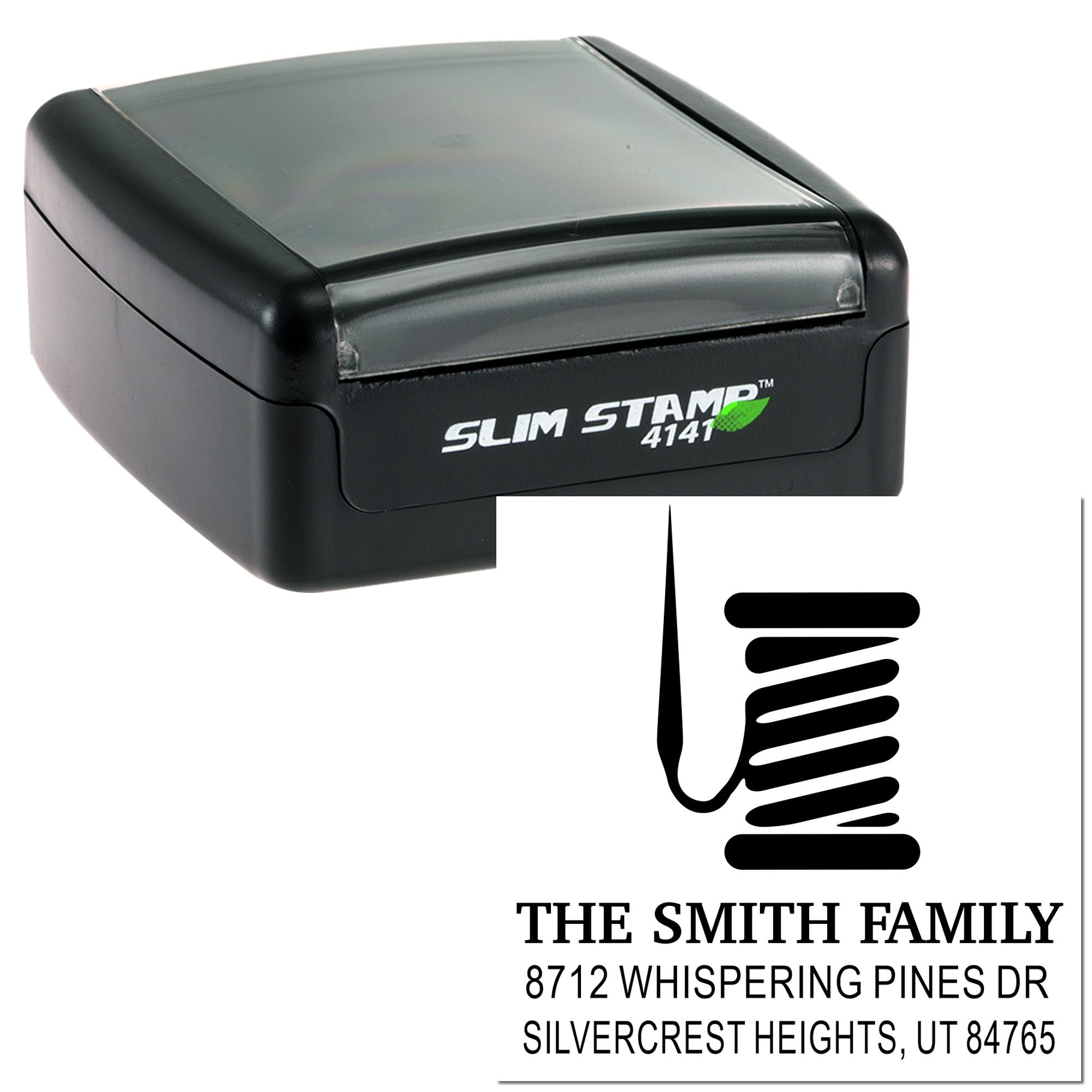 Custom self-inking address stamp with Slim Stamp 4141 case and imprint for The Smith Family, Whispering Pines Dr, Silvercrest Heights, UT.