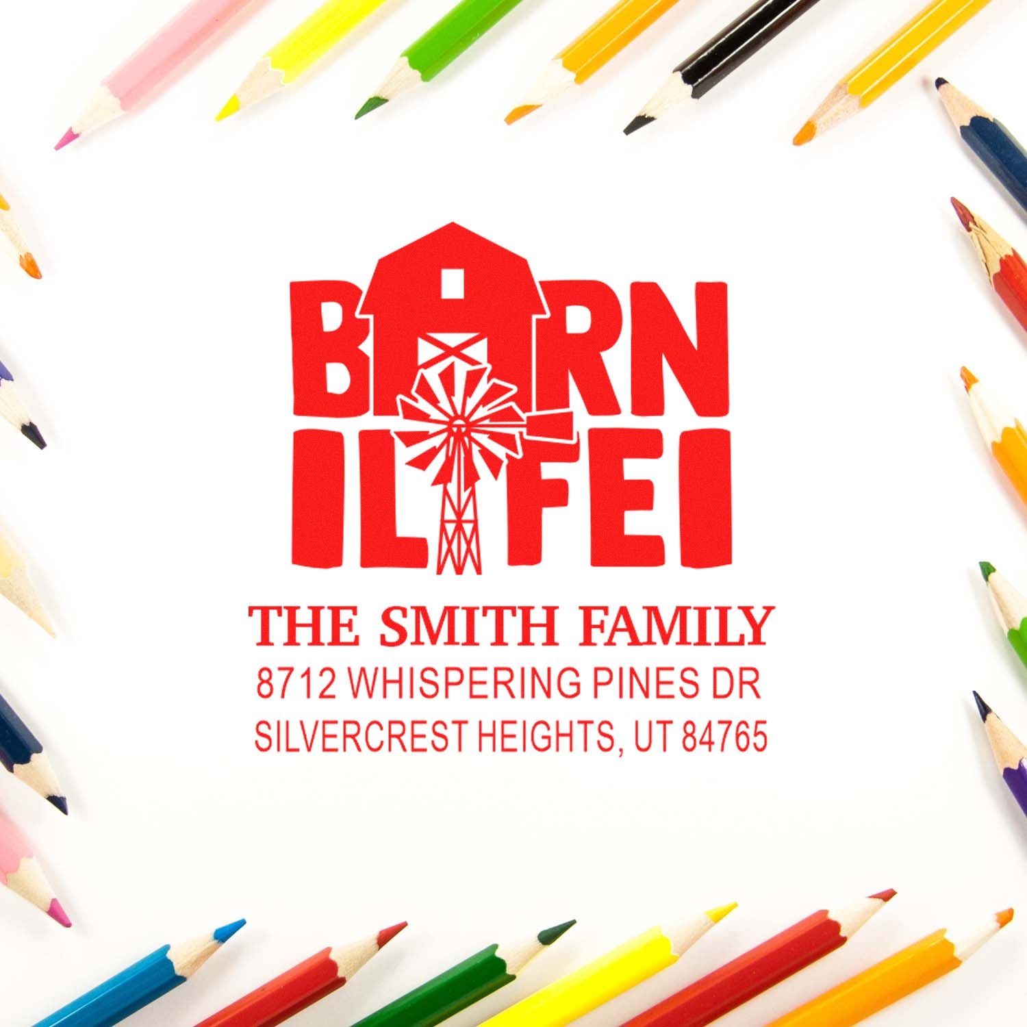 Custom return address stamp with barn and windmill logo, surrounded by colored pencils, personalized for The Smith Family.