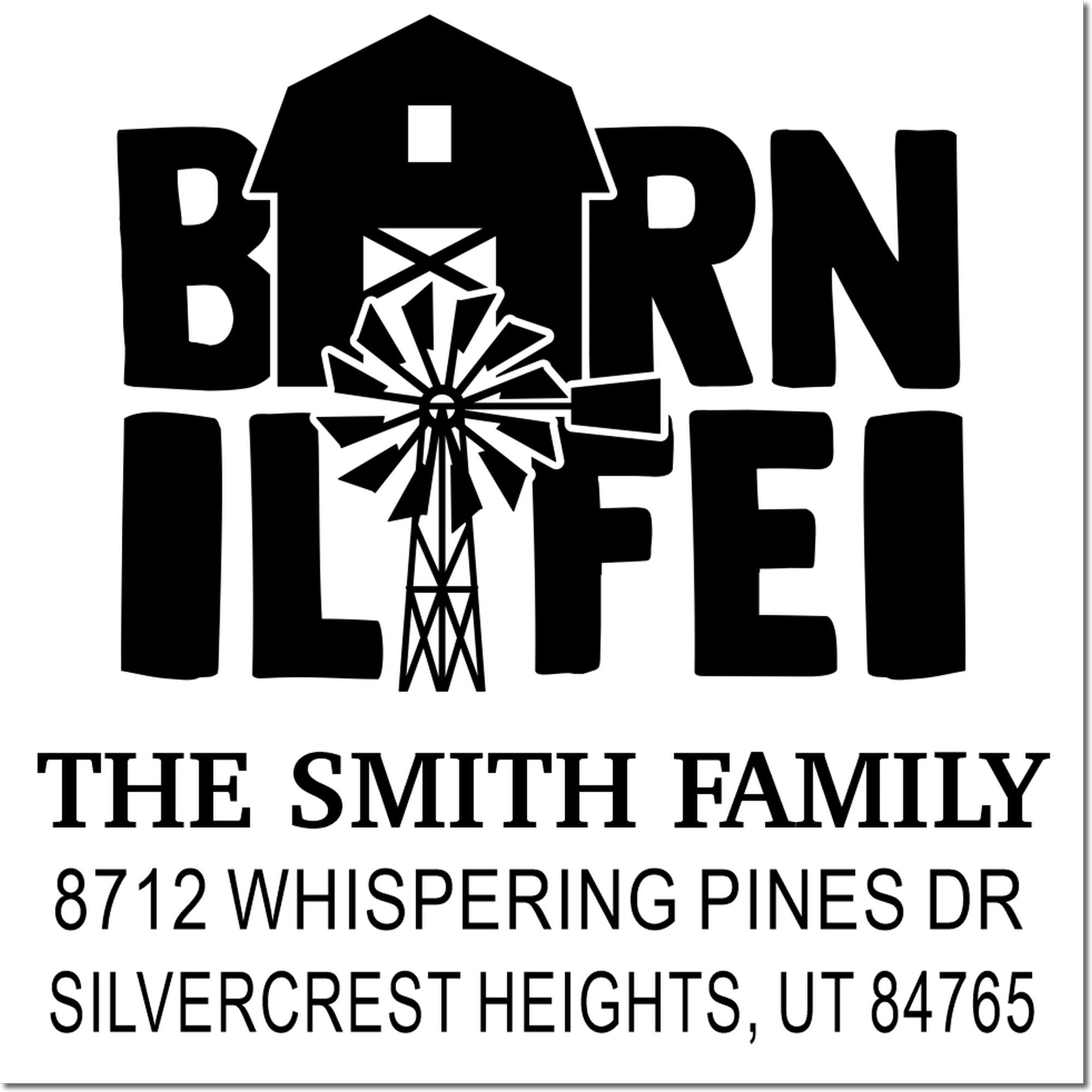 Custom address stamp with farmhouse windmill design, bold lettering, The Smith Family name, and Silvercrest Heights, UT address.