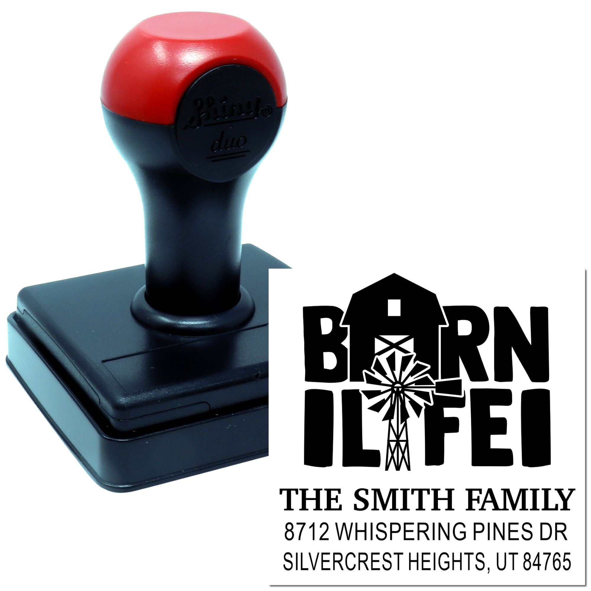 Custom self-inking address stamp with red-and-black handle, displaying a Barn Hill Farm logo and Smith family return address on a white background.