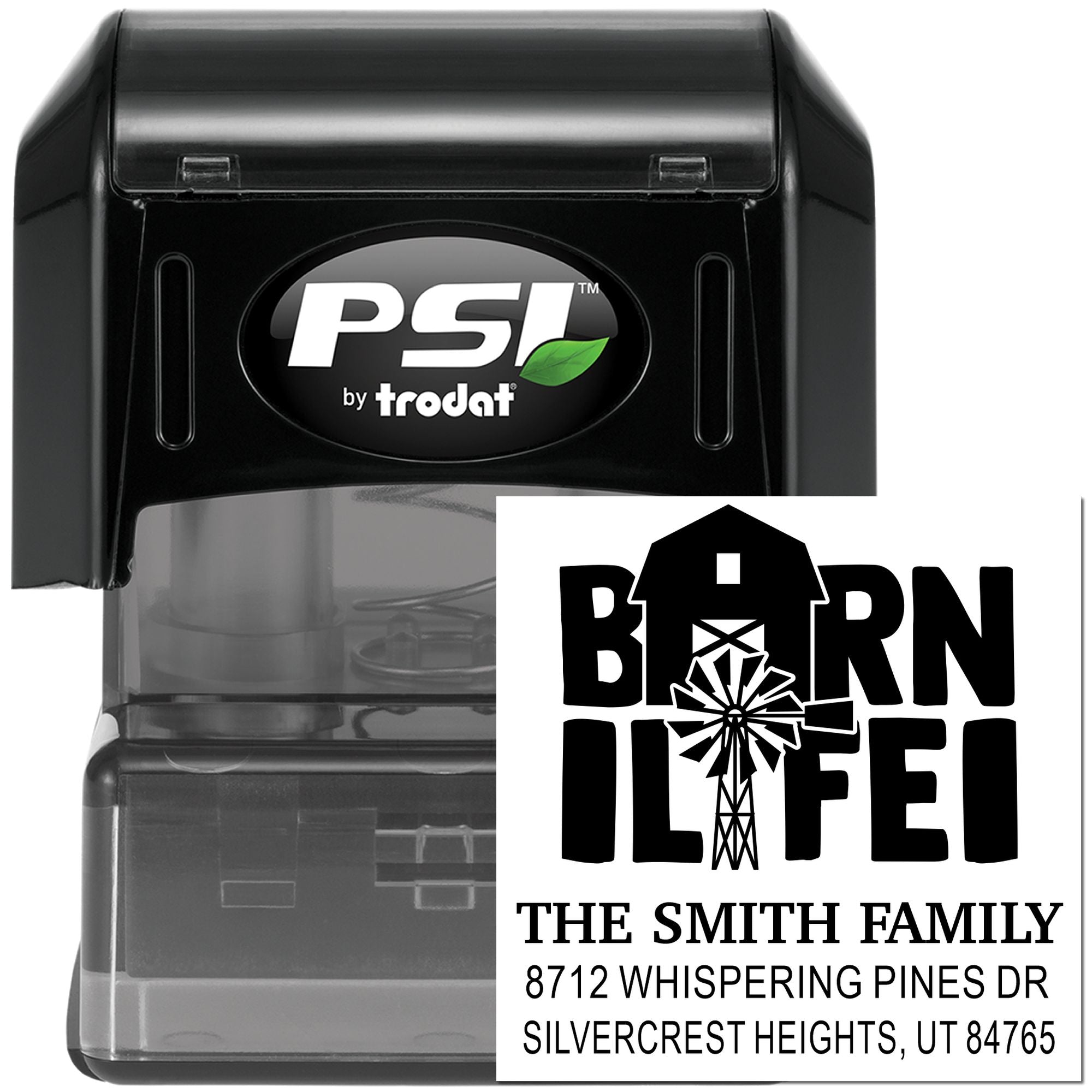 PSI by Trodat self-inking return address stamp with Barn Hill farm logo and The Smith Family imprint on white background.