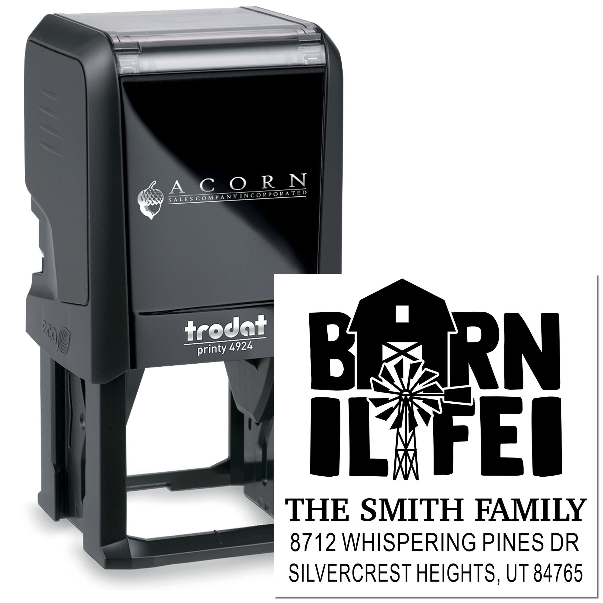 Custom self-inking address stamp with Born to Feel farm imprint and Smith family address on a white background