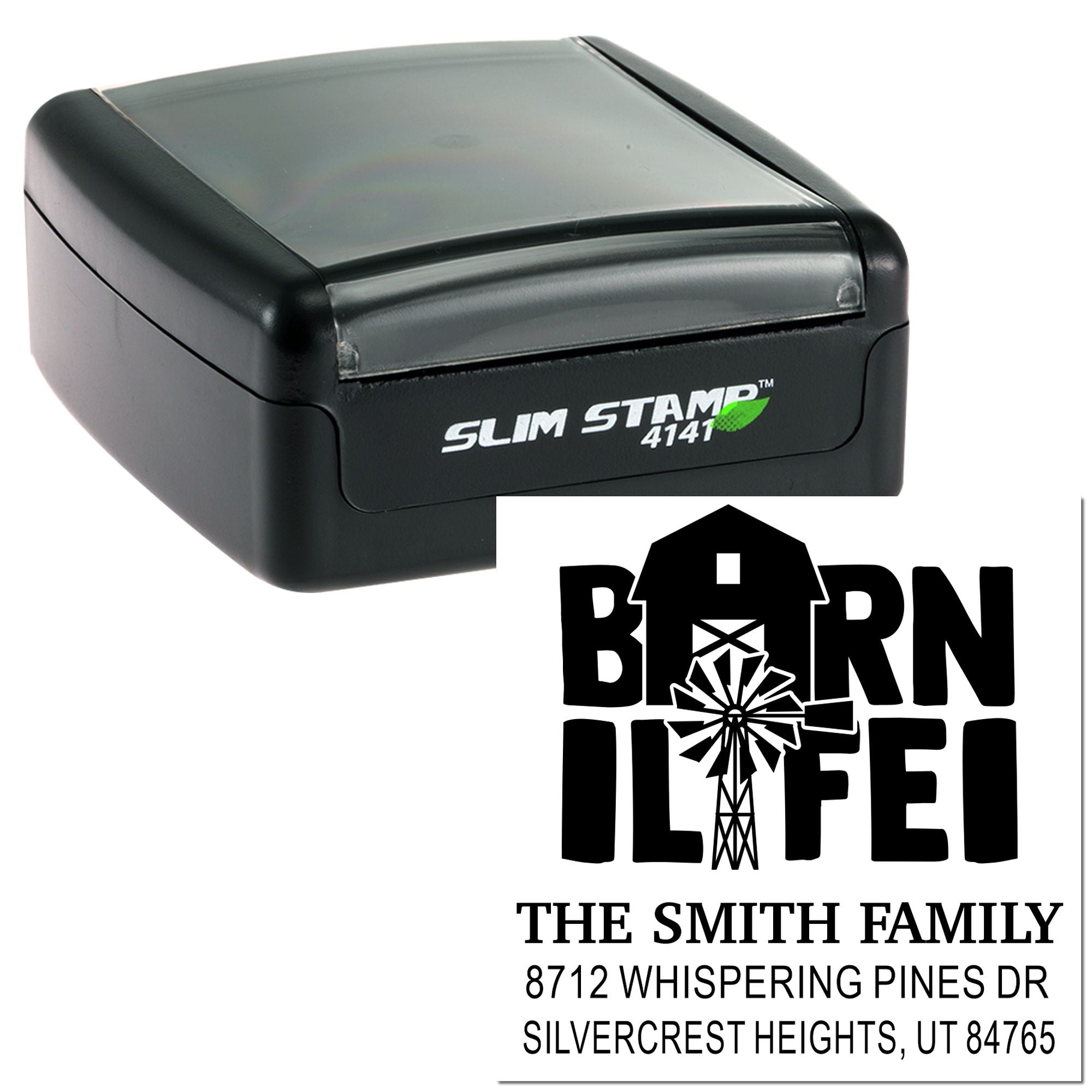 Black Slim Stamp 4141 self-inking address stamp with custom Barn Life family farm logo and return address on a white background.
