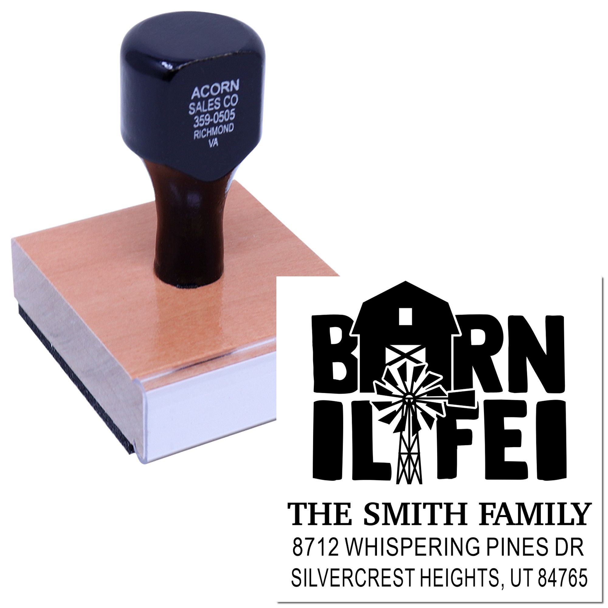 Custom self-inking address stamp on white background, featuring a farm-style barn logo and family name with street address.