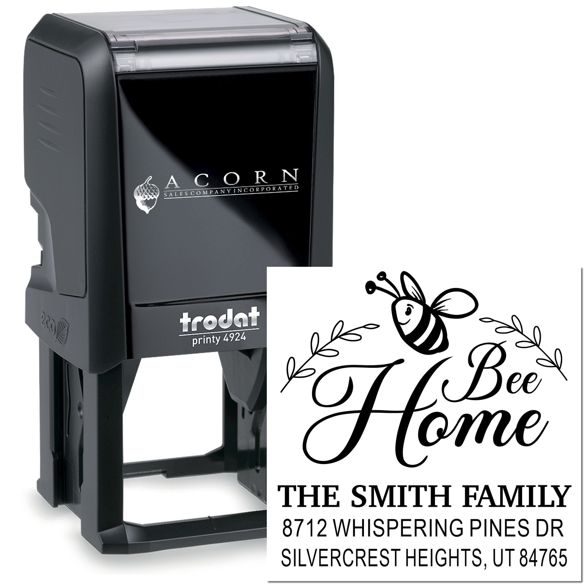 Custom self-inking address stamp with bee design, showing Trodat Printy 4924 and Bee Home impression for The Smith Family address label.
