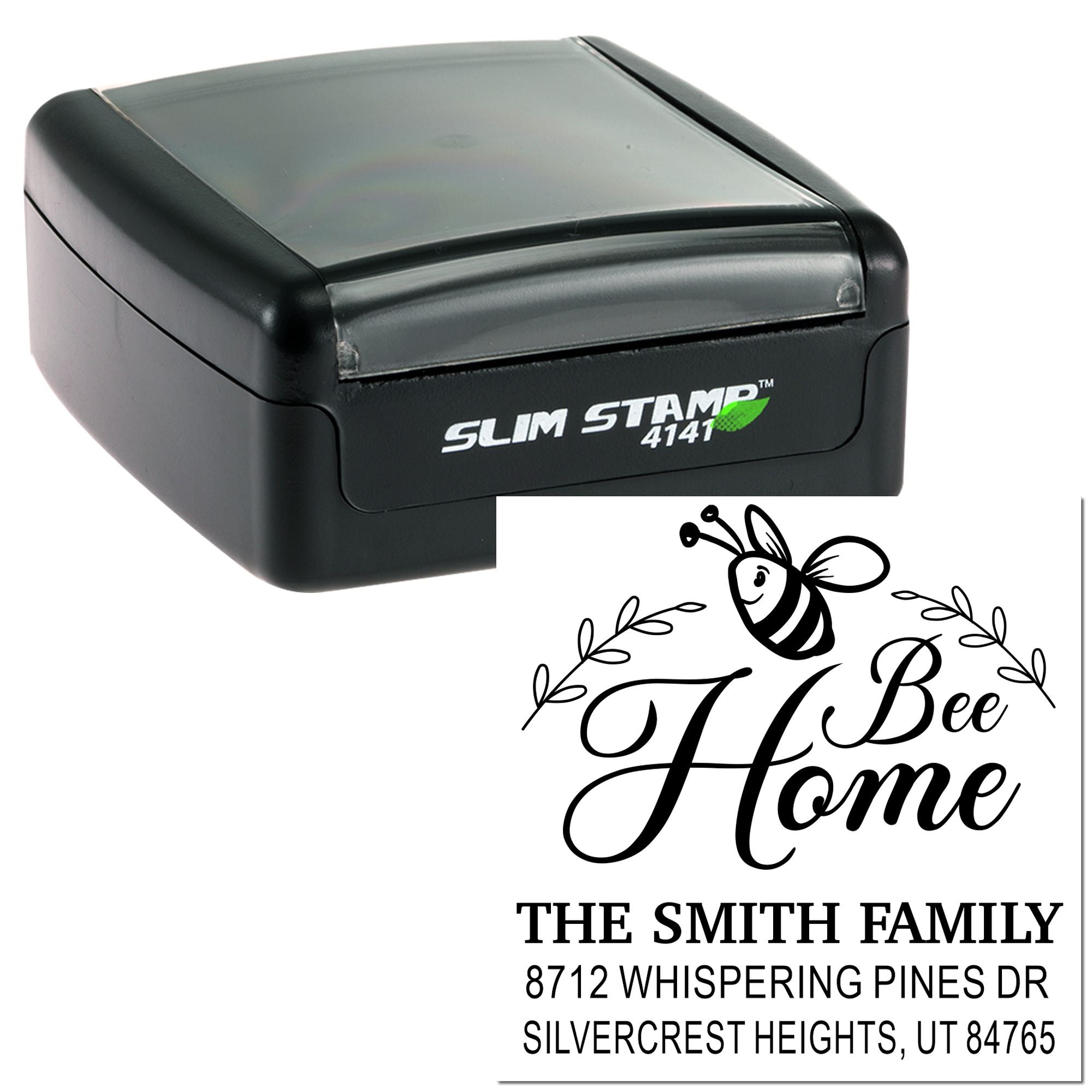 Slim Stamp 4141 custom address stamp with bee and Bee Home design, showing The Smith Family and a Utah address imprint.