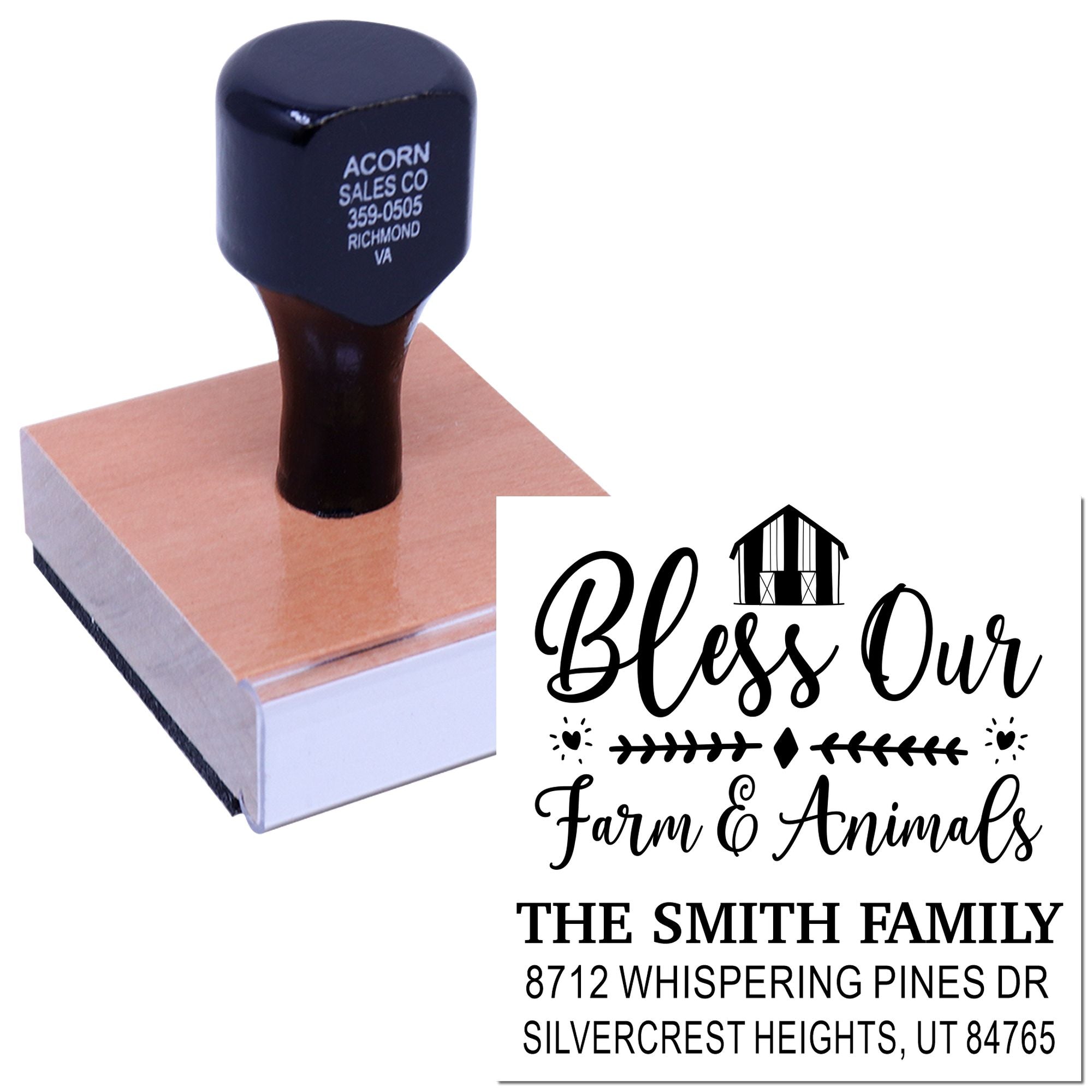 Custom farm and family address rubber stamp with barn design, shown on a wooden block and stamped sample reading Bless Our Farm & Animals.