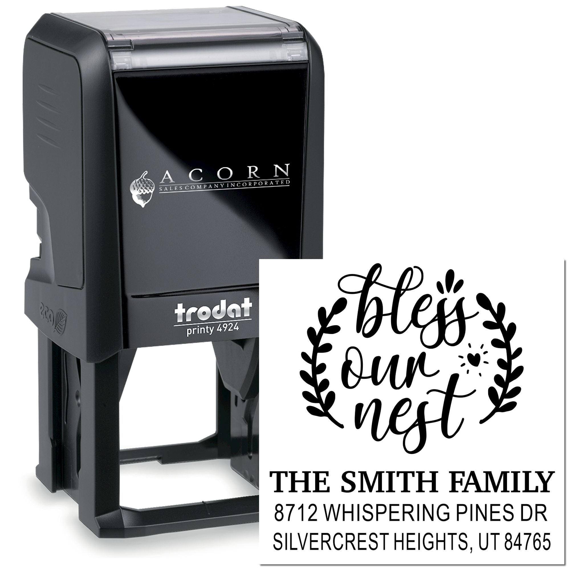 Custom self-inking Trodat return address stamp with wedding wreath design, featuring The Smith Family and Silvercrest Heights address on white background.
