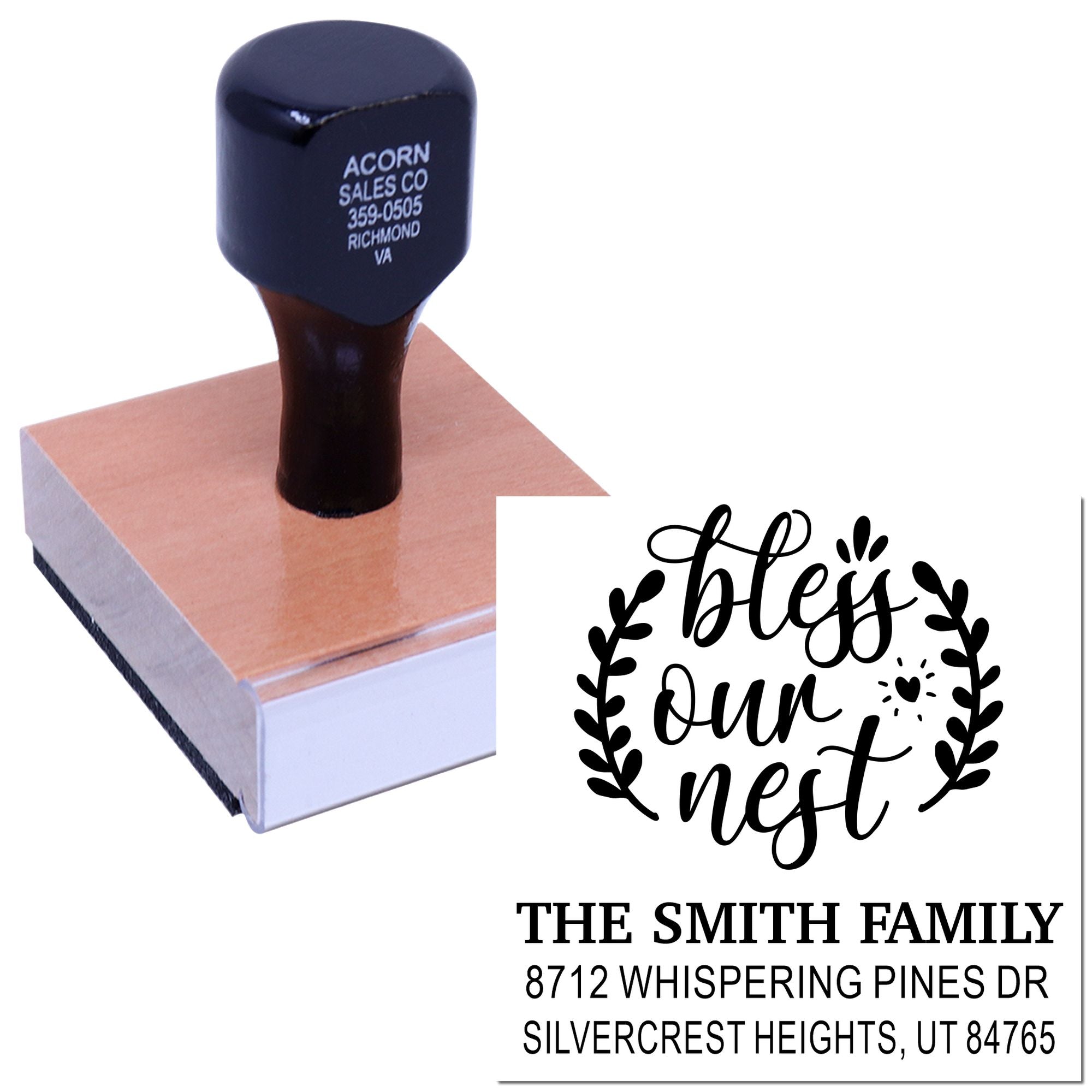 Custom address rubber stamp with bless our nest design, pressed on a wooden block, showing The Smith Family and Silvercrest Heights address.