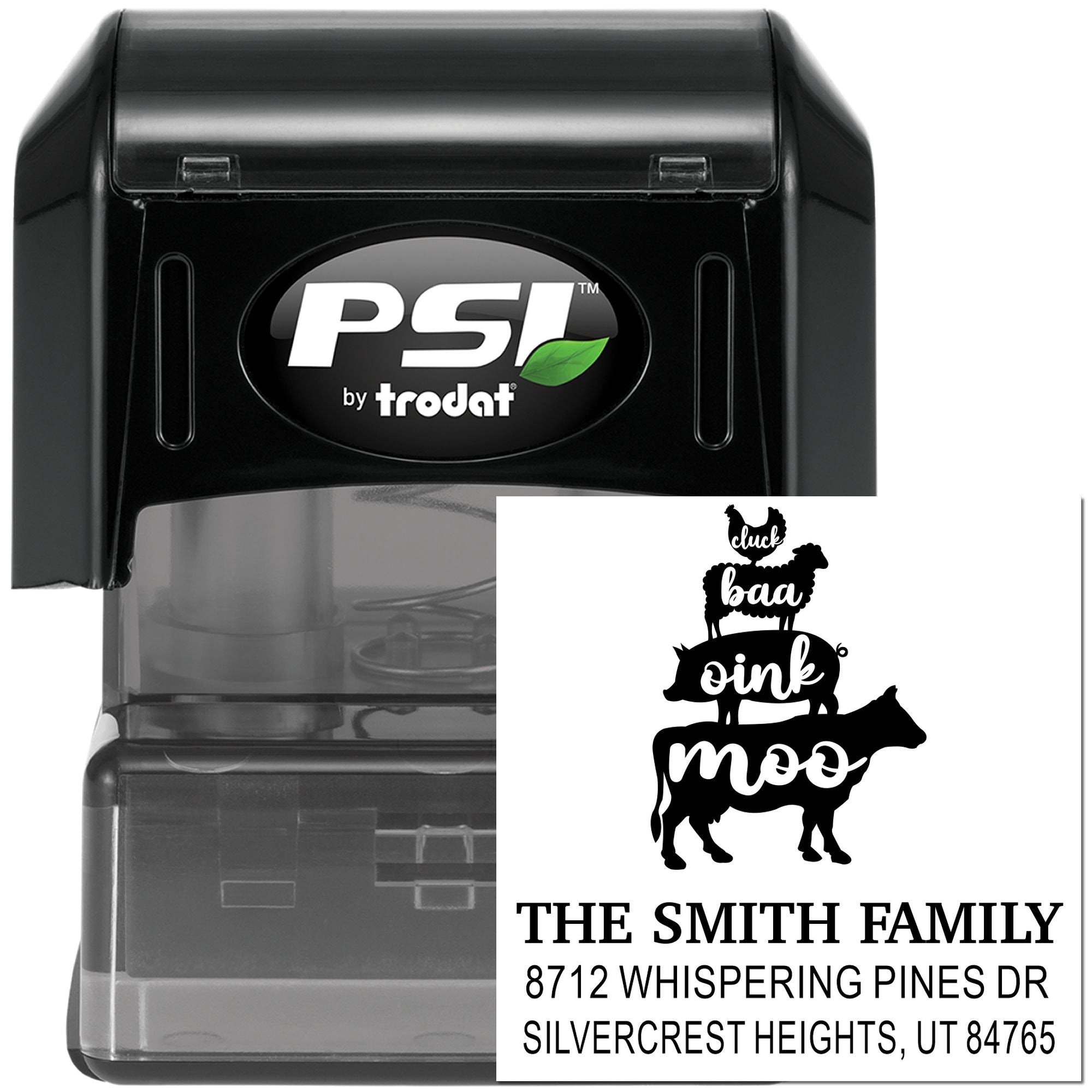 PSI by trodat self-inking custom address stamp with cluck baa oink moo farm design, shown in black casing on a white background.