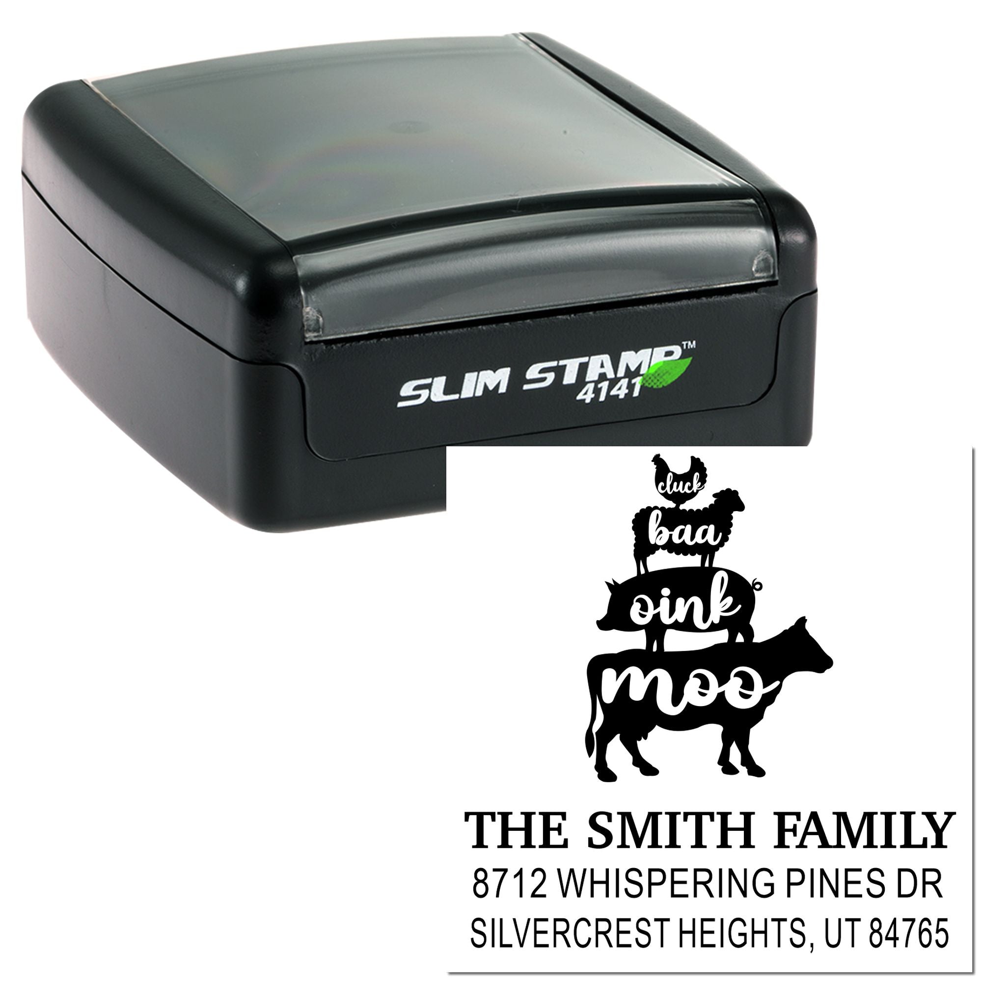 Custom self-inking stamp with farm animal design and The Smith Family return address on white background, showing Slim Stamp 4141 device.