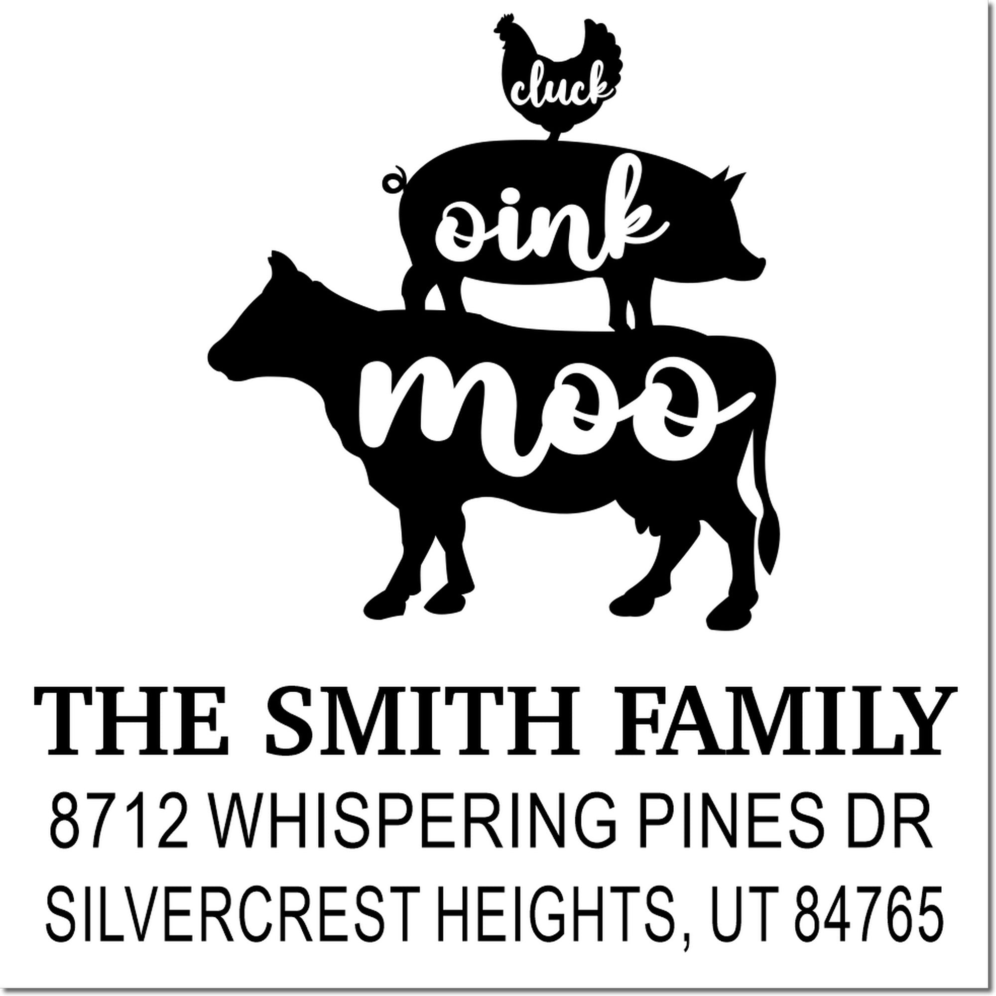 Custom farmhouse return address stamp with chicken, pig and cow silhouettes, featuring chuck oink moo on a white background.