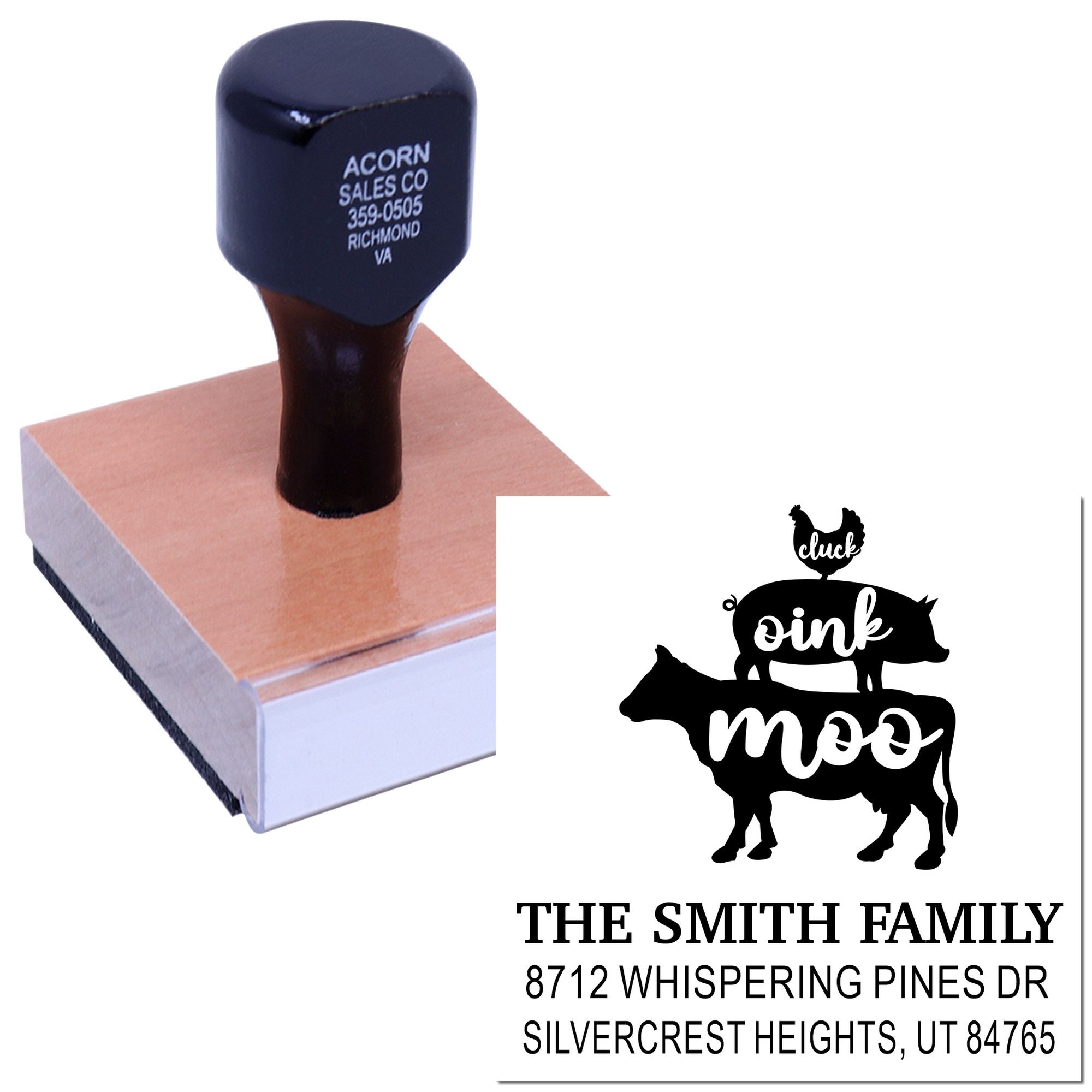 Custom wooden rubber address stamp with farm oink moo design and The Smith Family address shown on a white background.