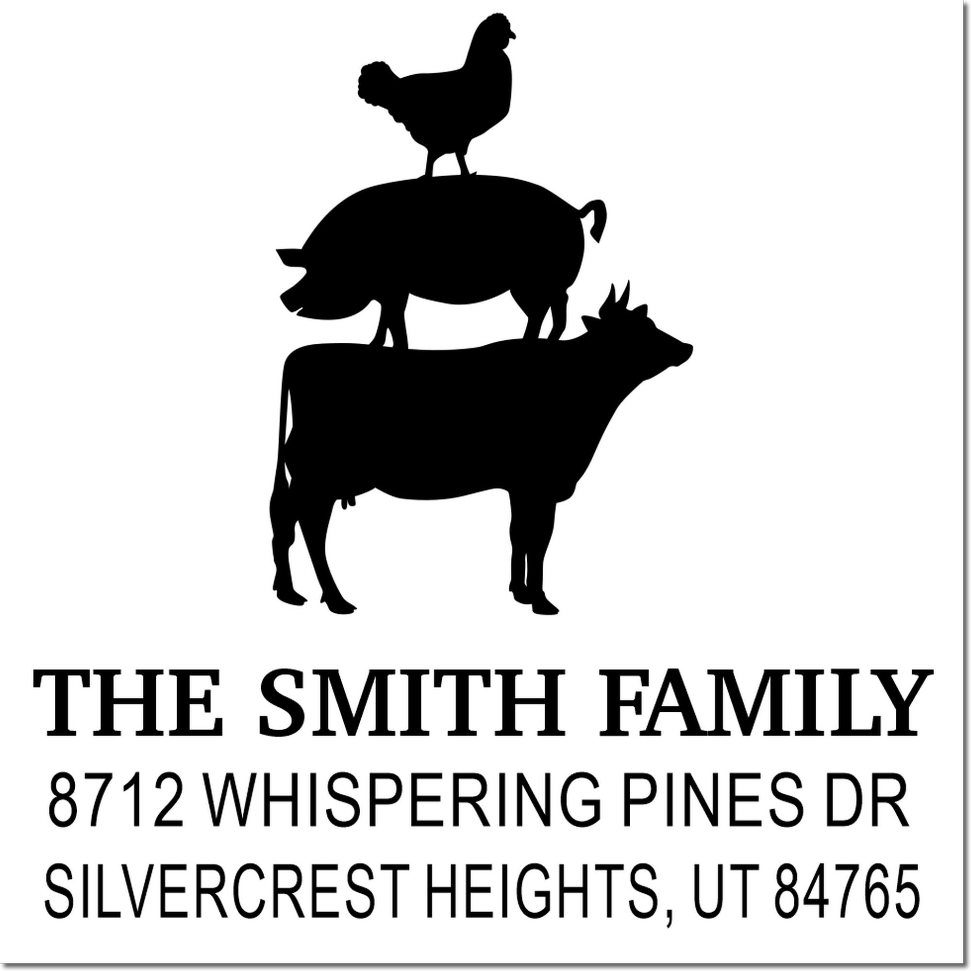 Custom return address stamp with chicken perched on pig silhouette, reading The Smith Family, 8712 Whispering Pines Dr, Silvercrest Heights, UT 84765.
