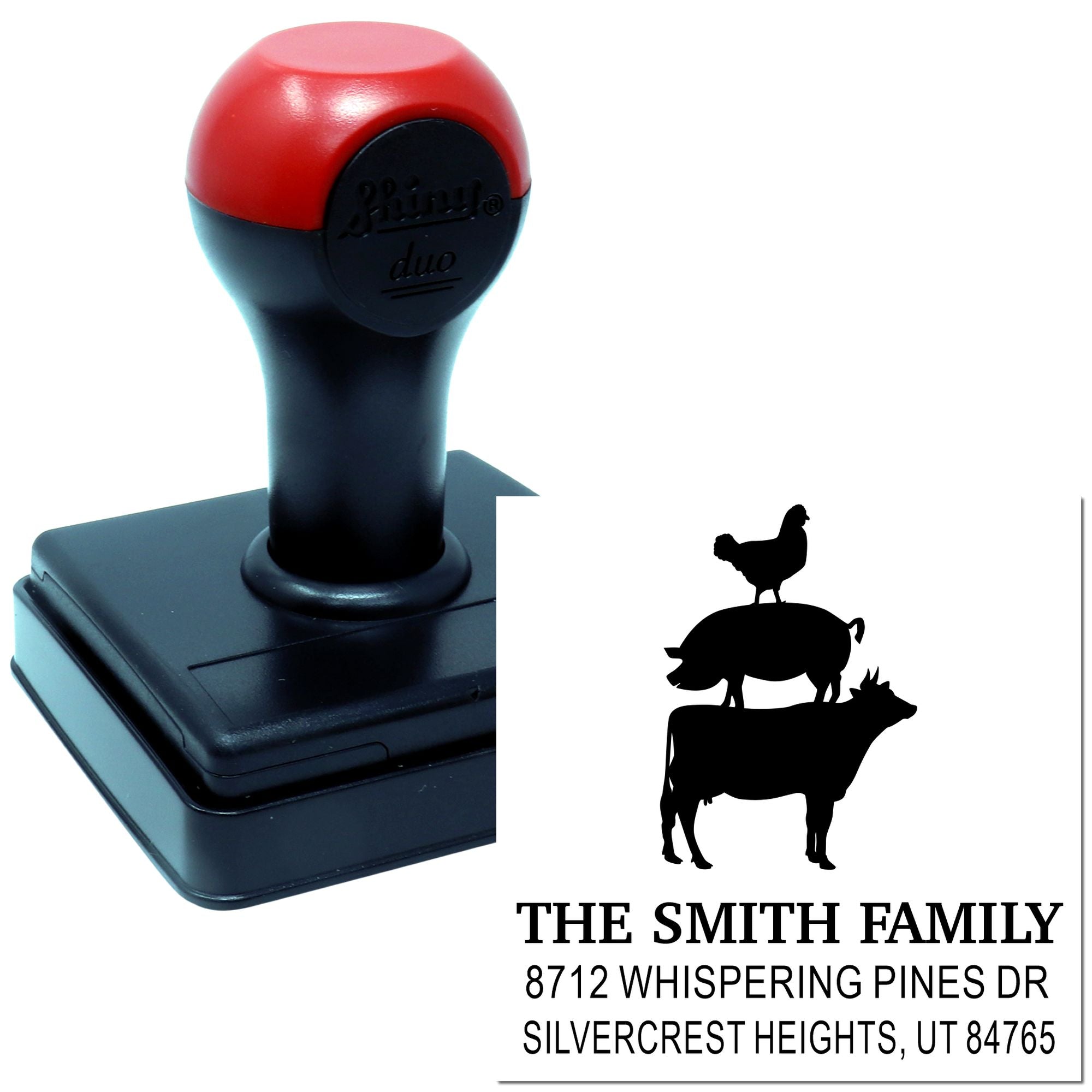 Custom self-inking address stamp featuring farm animals, The Smith Family name, and Whispering Pines Dr address on a white background.