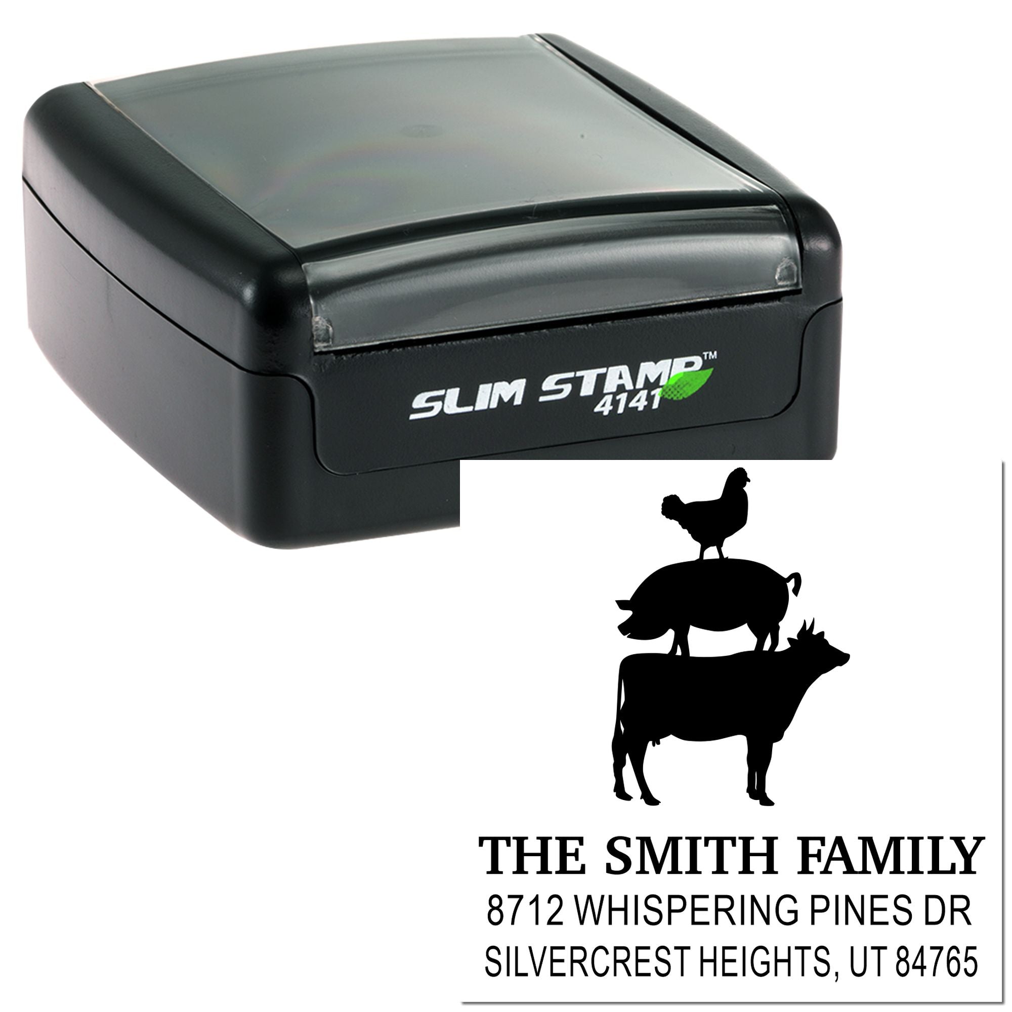 Custom Slim Stamp 4141 self-inking address stamp with pig, cow, and chicken design for The Smith Family on a white background.